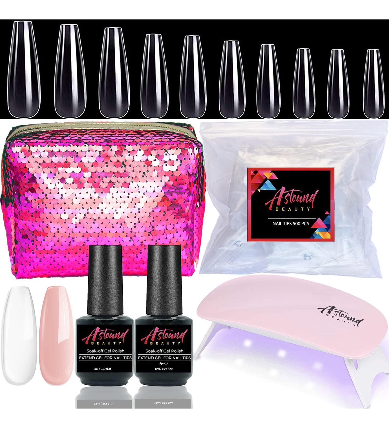 Gel X Nail Kit - 2 in 1 Nail Glue & Base Coat, 500 Coffin Nail Tips, UV Lamp - All-in-One Gel Nail Set (Clear & Apricot Color) - Buy Online on GoSupps.com