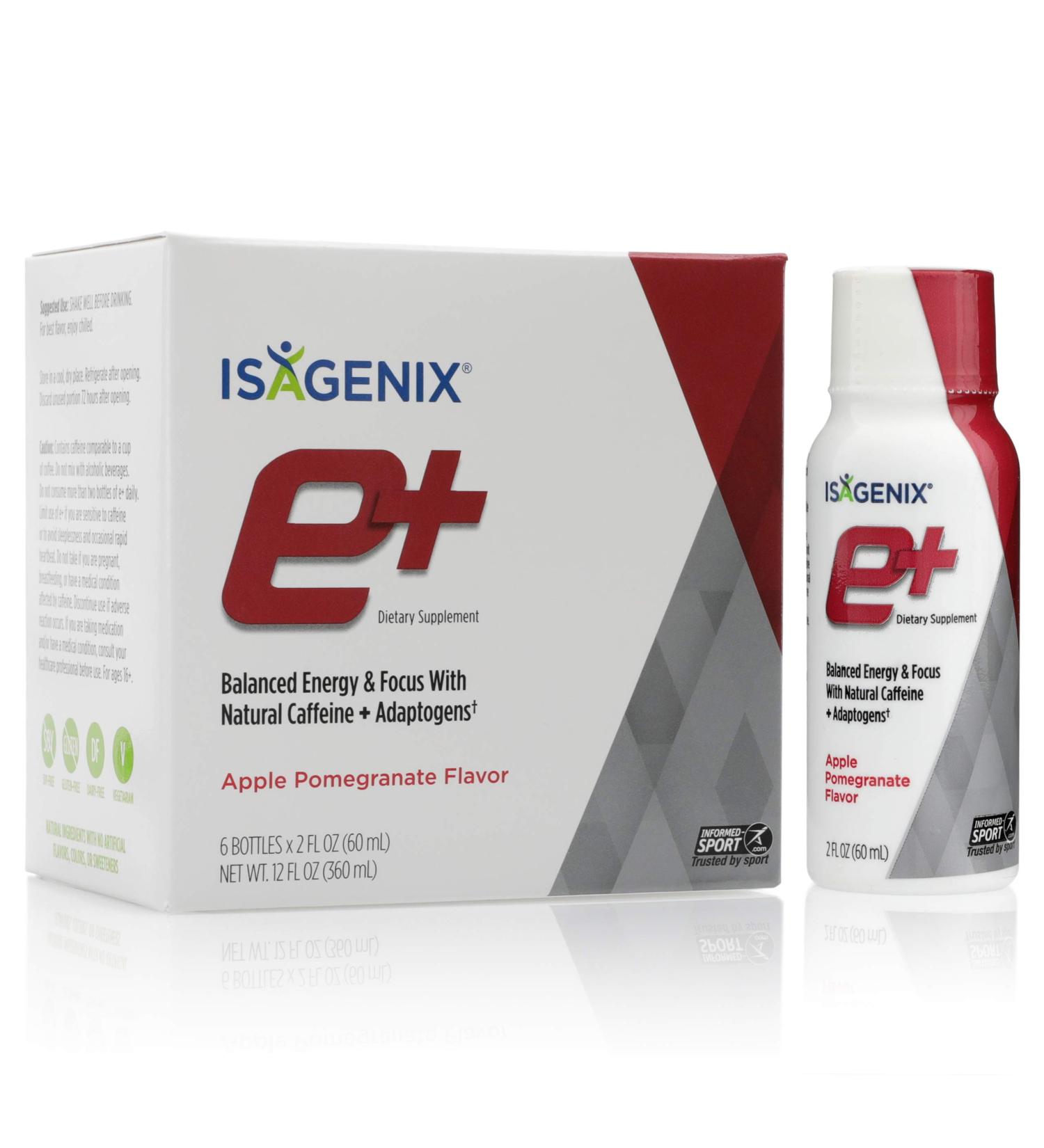 Isagenix e+ Liquid Energy Shot Supplement - 2-Ounce Bottles (6 Pack) Apple Pomegranate Flavor - Long-Lasting Energy with Hawthorn Berry, Green Tea, Licorice Root & More - Buy Online on GoSupps.com