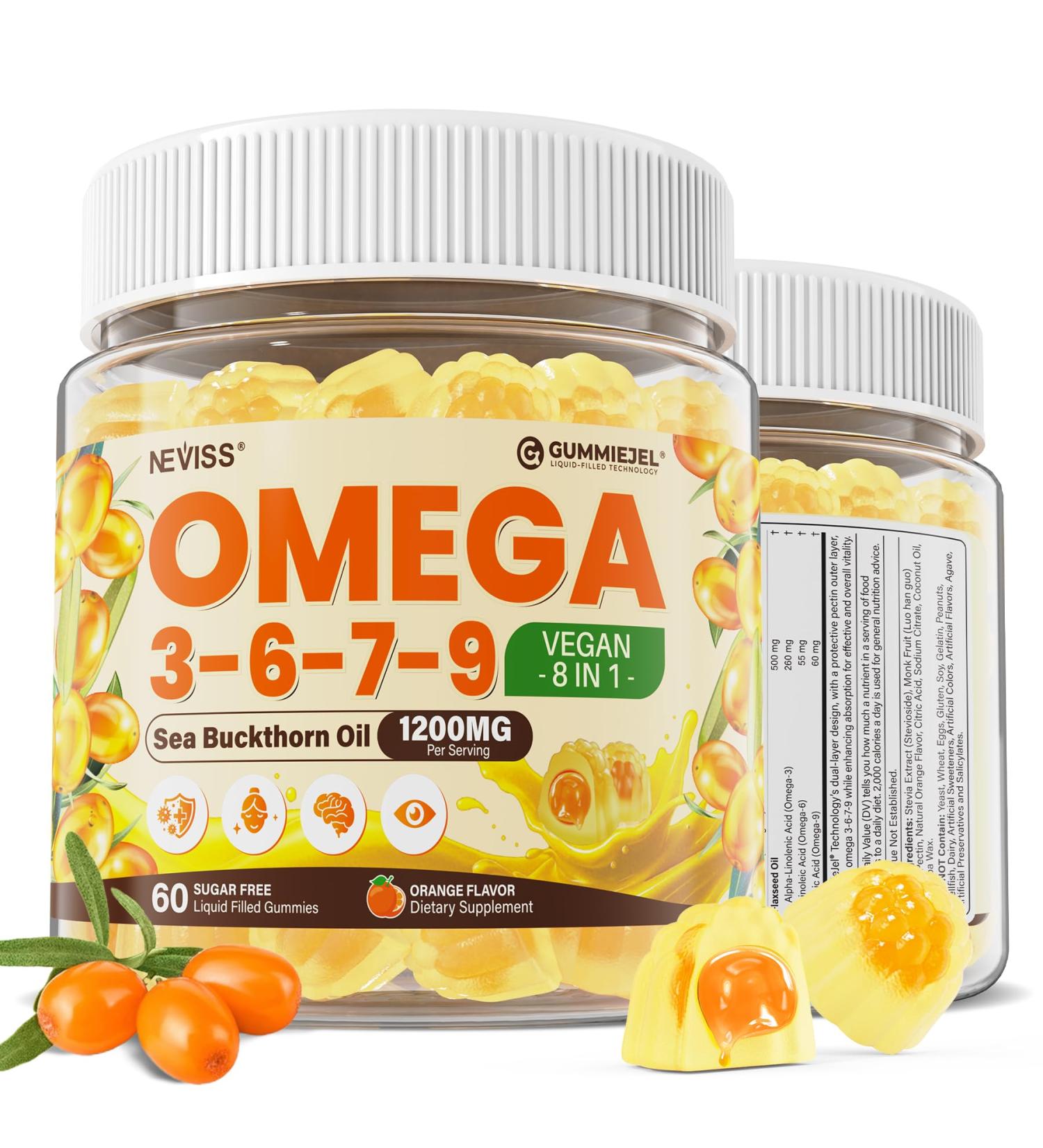Omega 3-6-7-9 Gummies, Organic Sea Buckthorn Oil 1200MG & Flaxseed Oil 500MG, Vegan Omega 7 Supplement w/Vitamin A, C, E, Fatty Acids, No Fish Taste, Supports Skin, Eye, Immune, Brain Health, 60 Cts - Buy Online on GoSupps.com