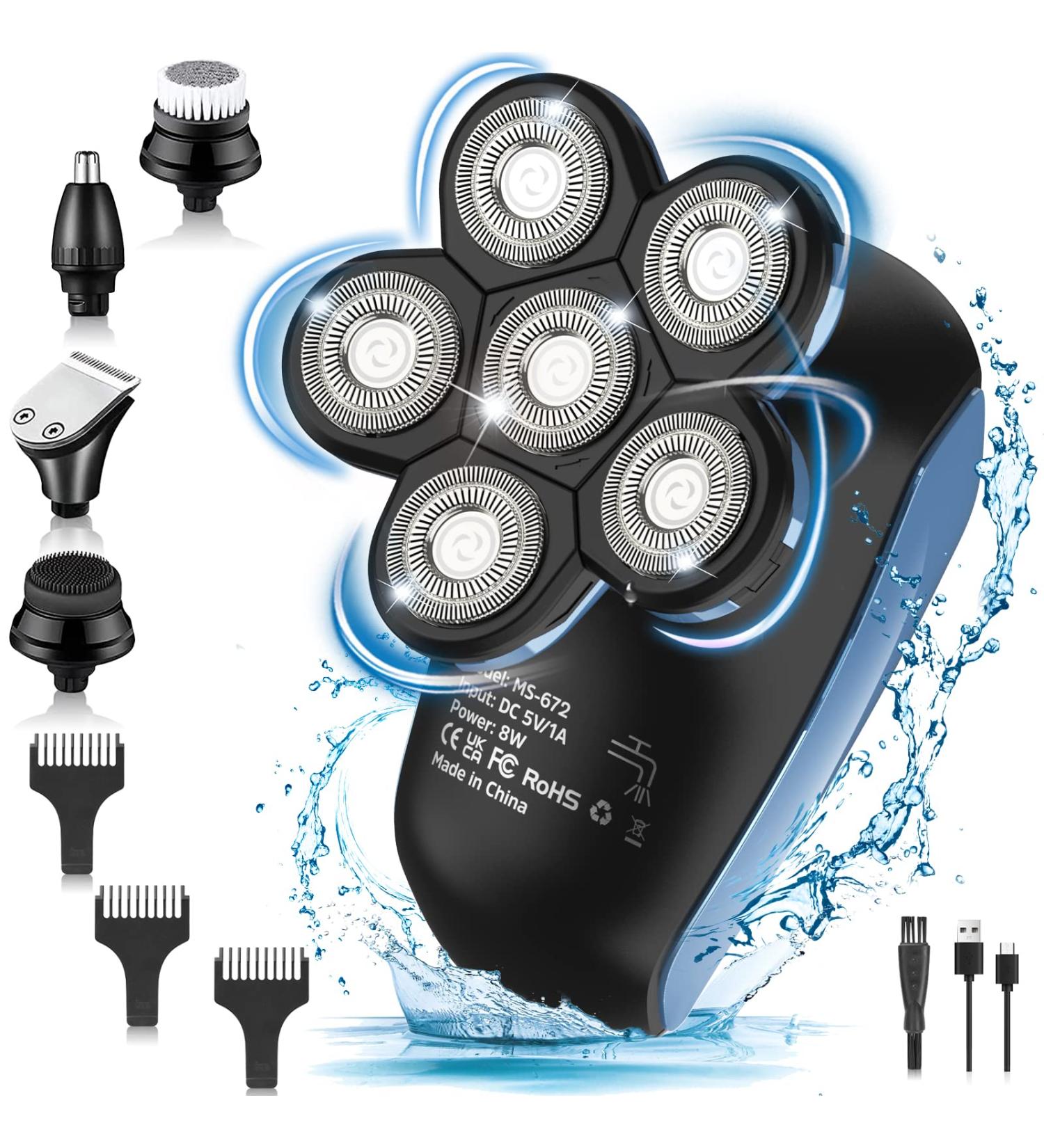 6D 6 in 1 Rotating Electric Head Shaver for Men - Wet & Dry, USB Rechargeable, IPX7 Waterproof, Professional Rotary Shavers - Cordless Beard Trimmer - Blue - Buy Online on GoSupps.com