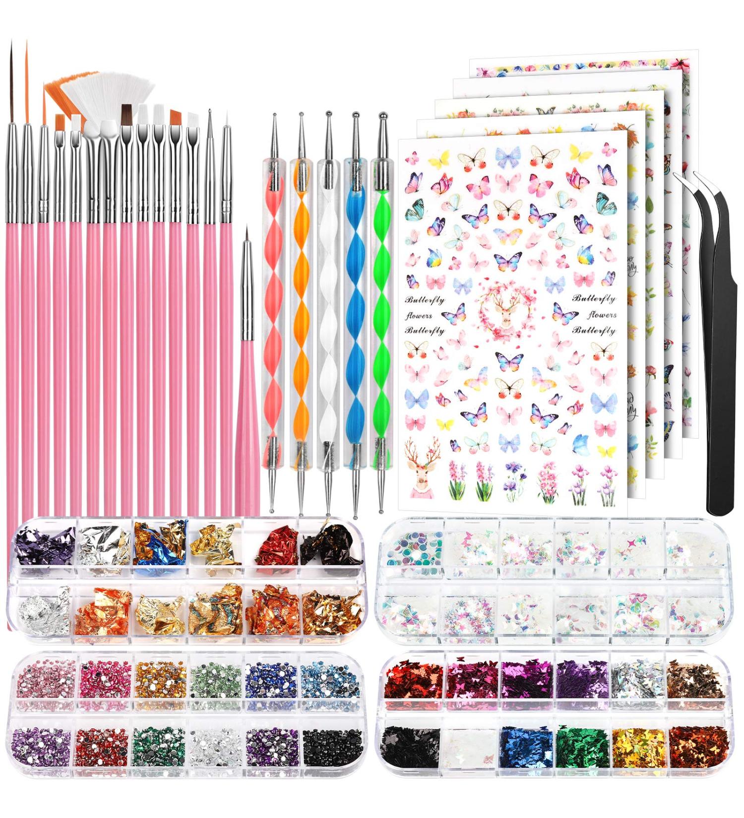 FANDAMEI Nail Art Brushes Set + Dotting Pens + Stickers & More | Nail Design Kit with Rhinestones & Sequins - Buy Online on GoSupps.com