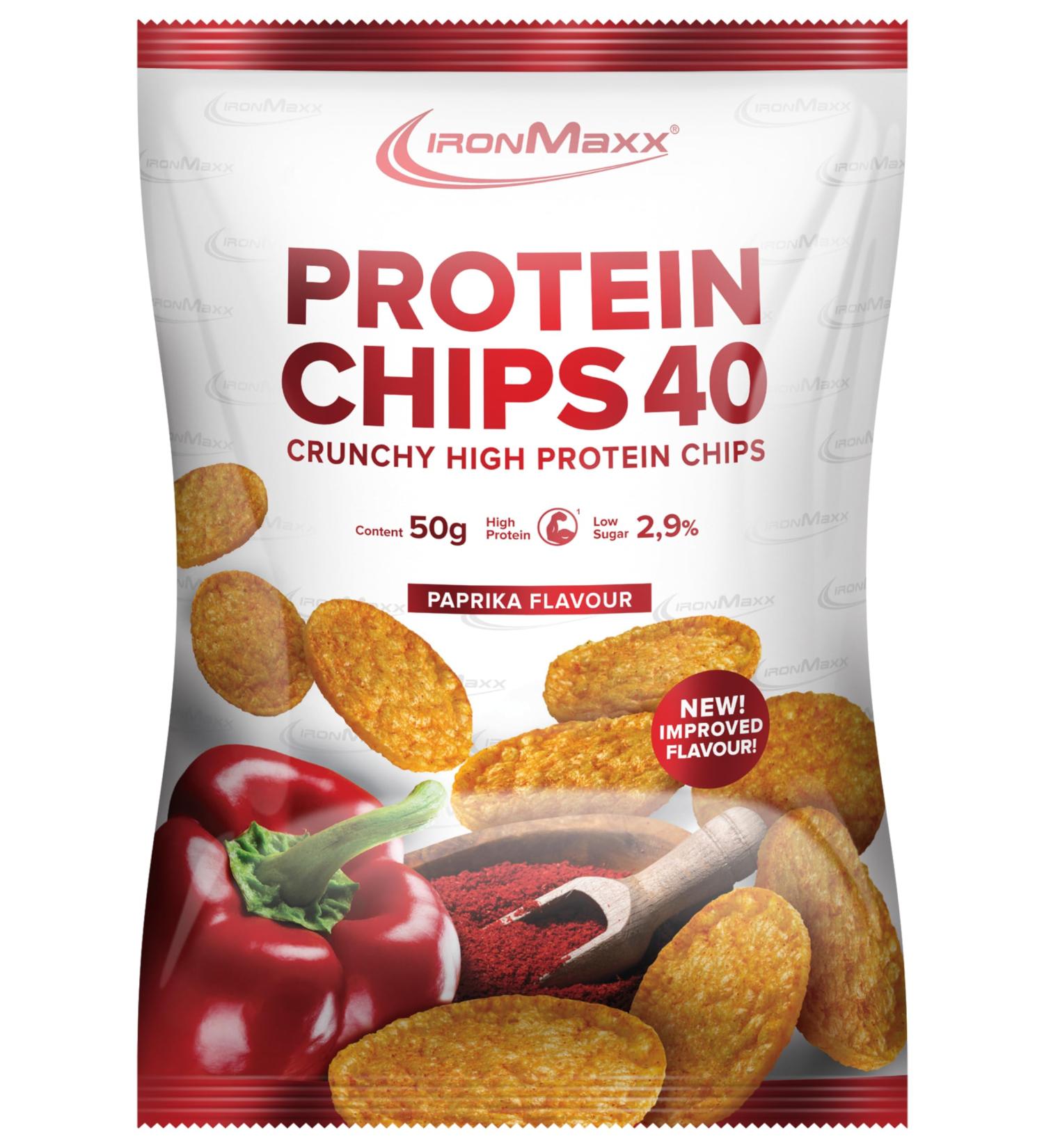 Ironmaxx Protein Chips 40 - Paprika | High Protein Low Carb Gluten-Free Snack | 50g Pack | Delicious Flavor Choices Available - Buy Online on GoSupps.com