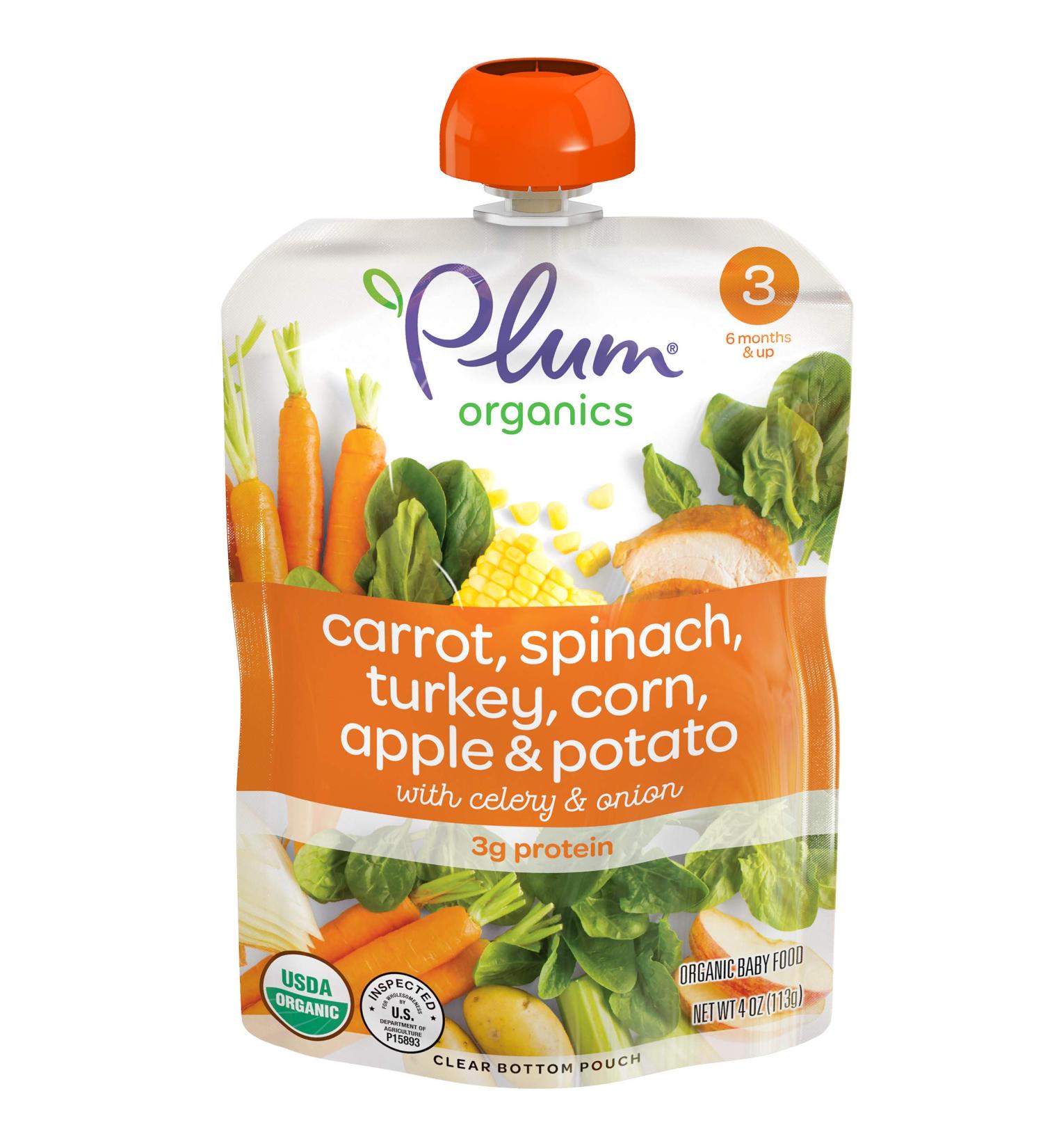 Plum Organics Stage 3 Baby Food Pouch | Carrot Spinach Turkey Corn Apple & Potato | 4 oz, 6 Pack | Organic Squeeze for Babies, Kids, Toddlers - Buy Online on GoSupps.com