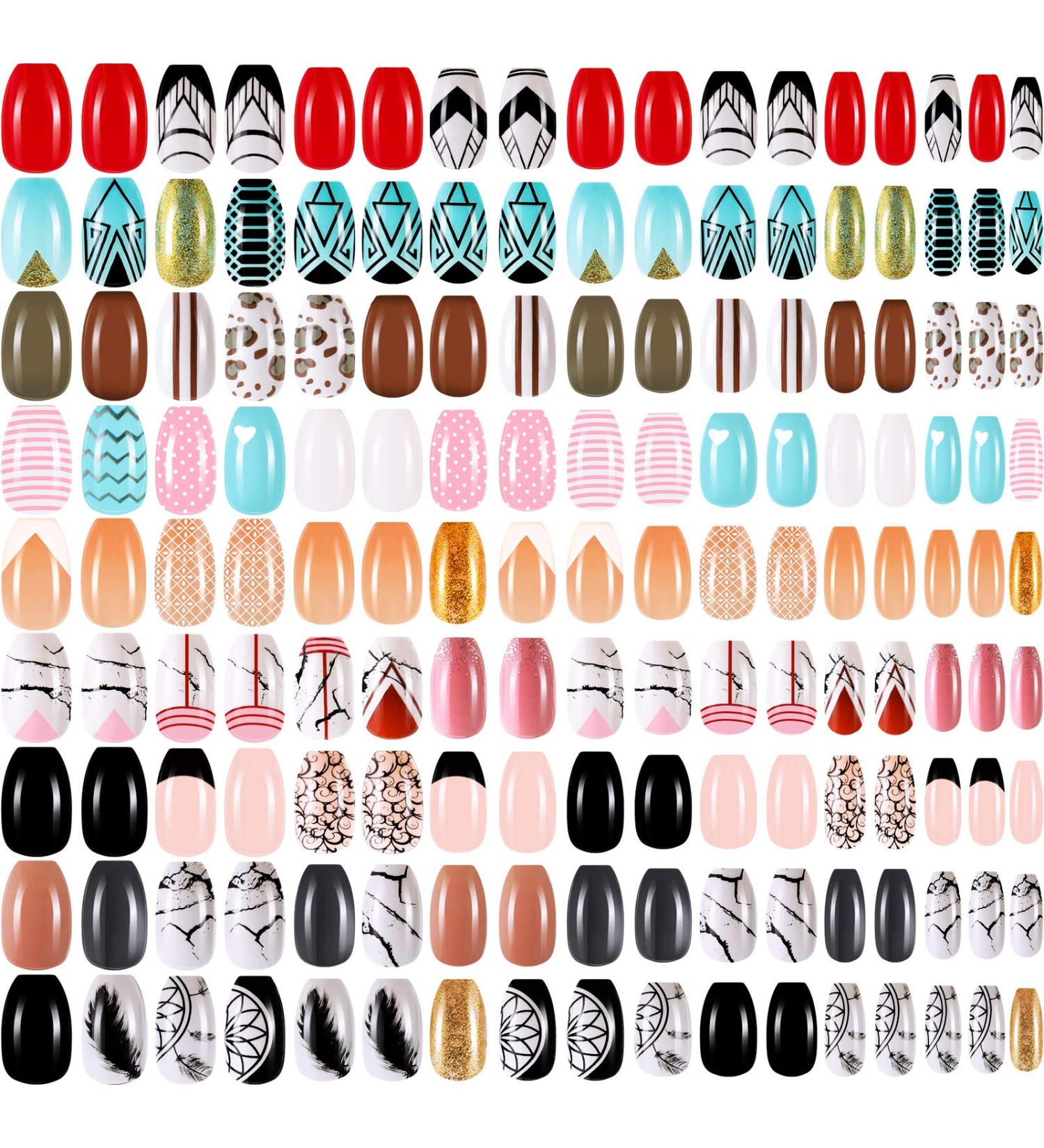 Maitys 216 Pieces Short Coffin Press on Nails Glitter Glossy Full Cover - Elegant Pattern False Nails for Nail Salon & DIY Decoration - Buy Online on GoSupps.com