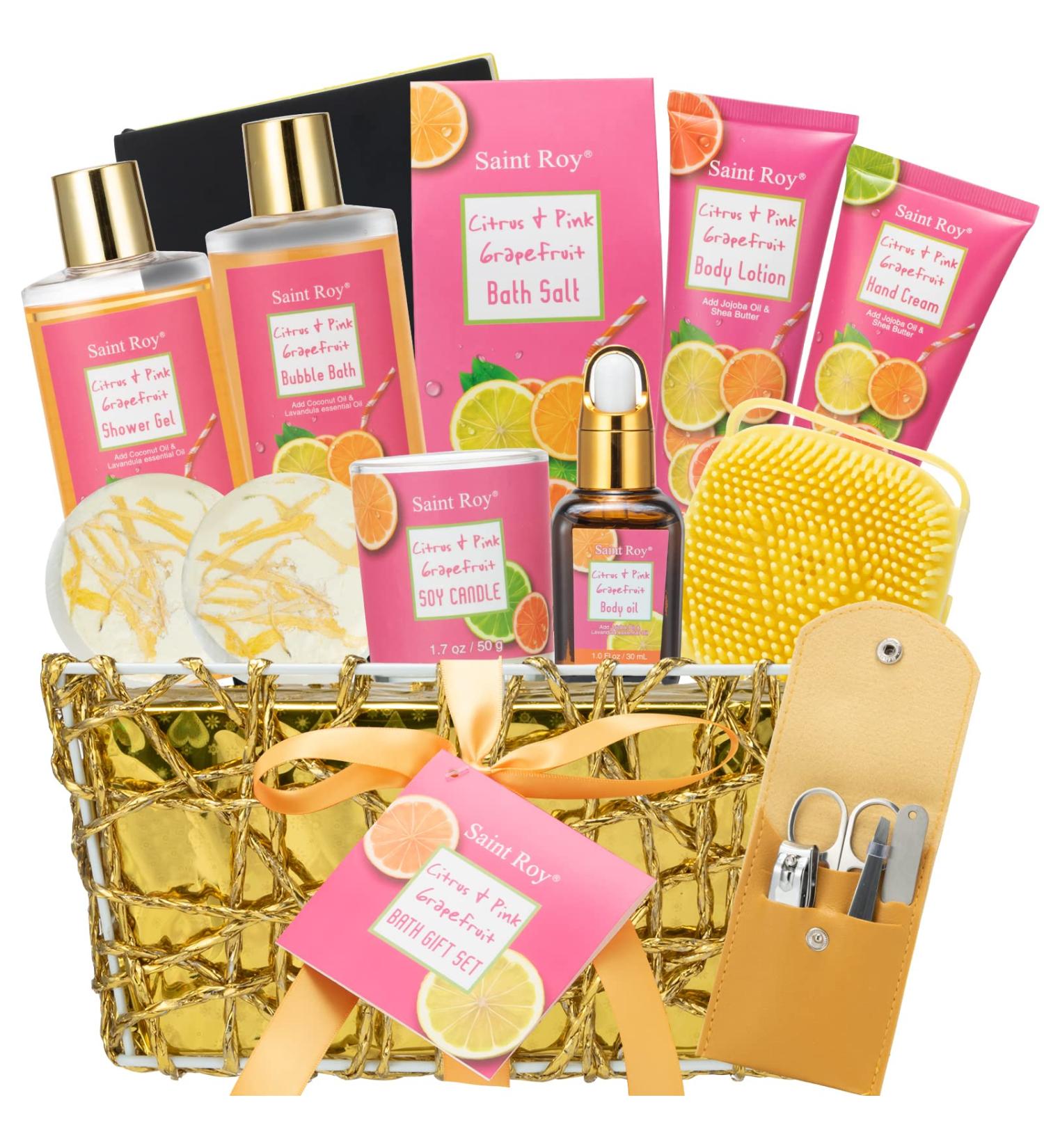 Citrus & Pink Grapefruit Spa Gift Basket for Women - 16 Pcs Self Care Kit including Bubble Bath, Massage Oil, Bath Salt, Bath Bombs - Luxury Birthday Gift - Buy Online on GoSupps.com