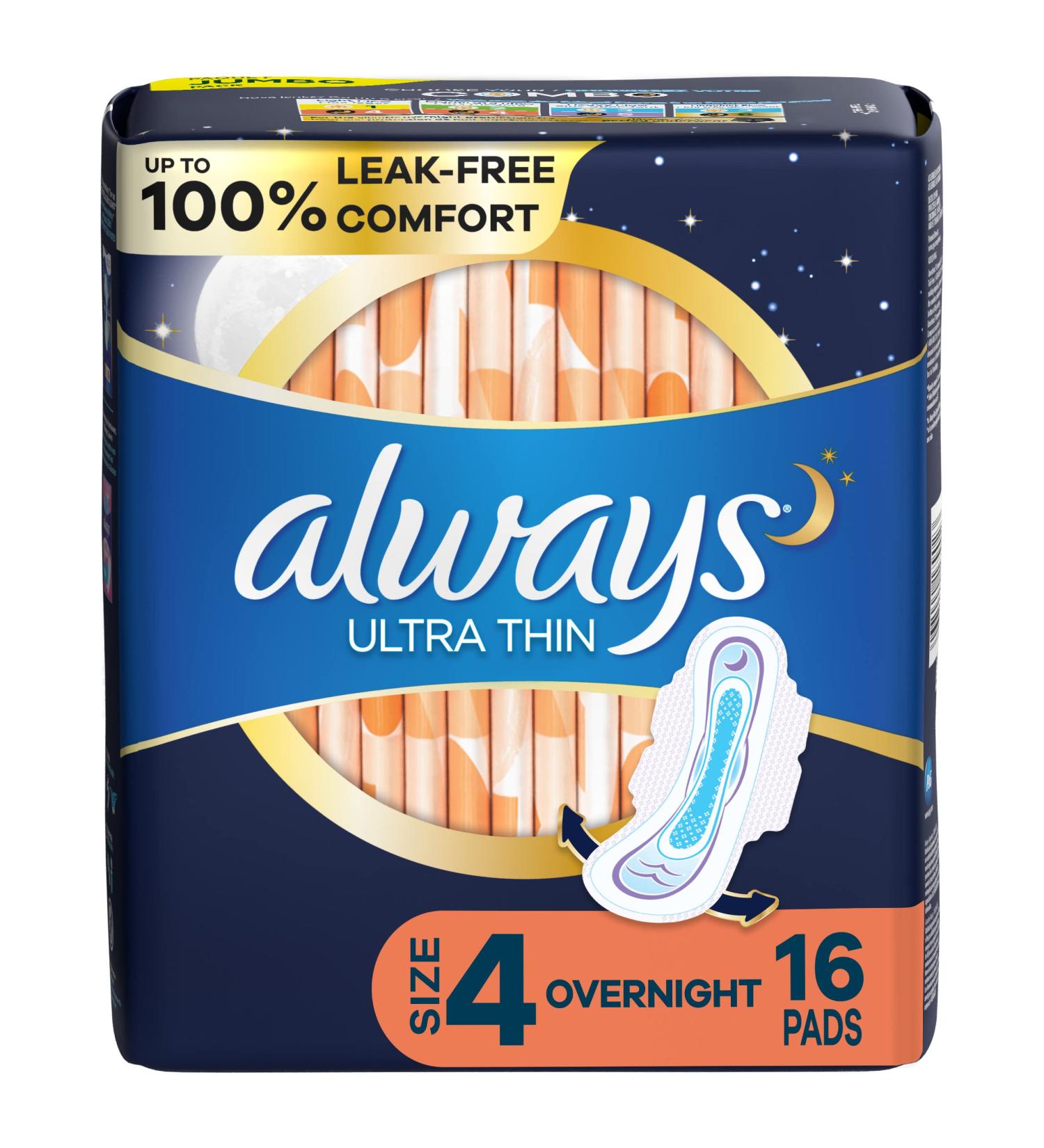 Always Ultra Thin Overnight Pads with Wings Size 4 Overnight 16 count Size 4 16 Count - Buy Online on GoSupps.com