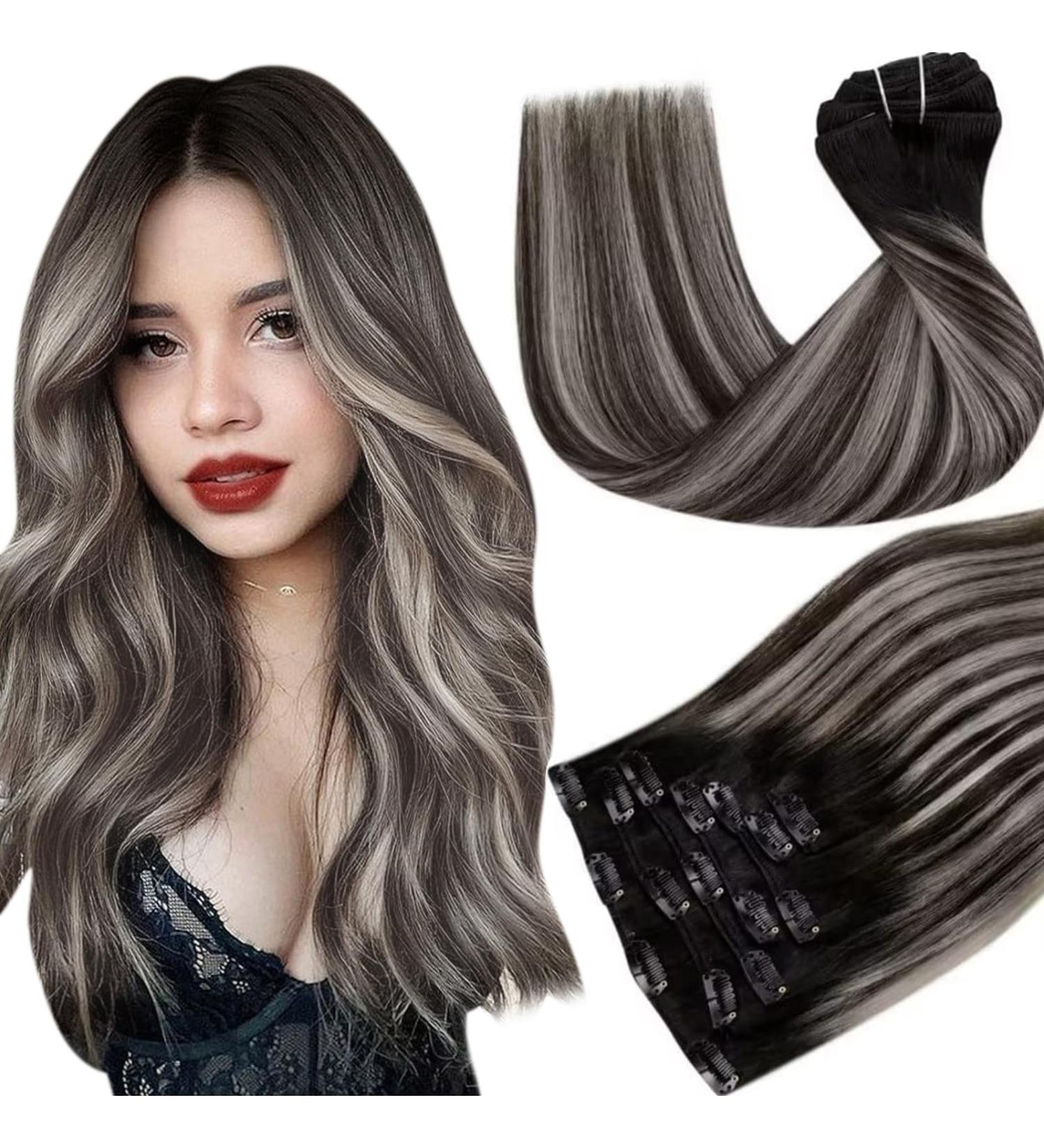 Buy Hetto Clip In Real Hair Extensions - Balayage Silver & Black Ombre - Remy 35cm Clip-Ins - Buy Online on GoSupps.com