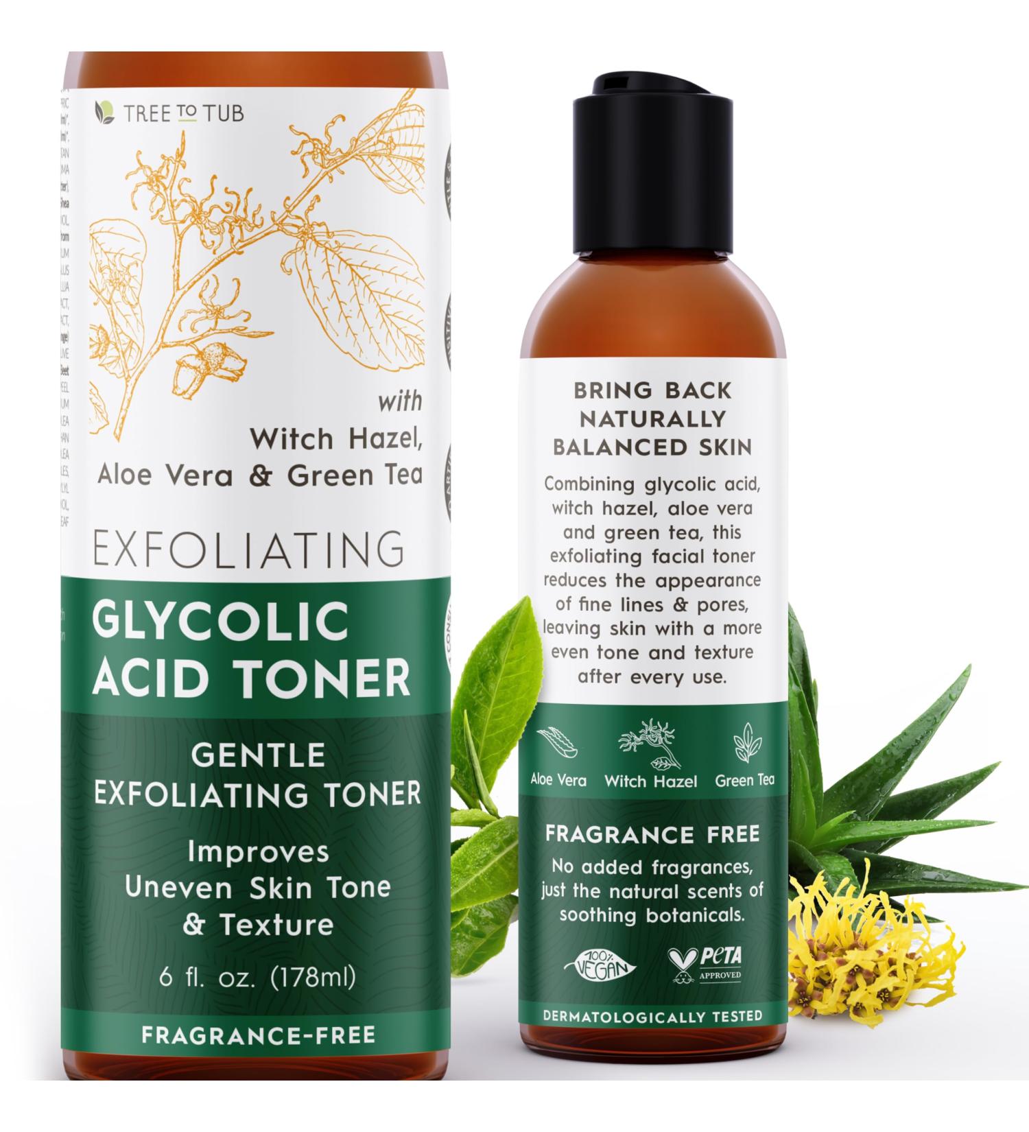 Tree to Tub Glycolic Acid Toner - Vegan Exfoliating Face Toner with Witch Hazel & Aloe Vera | Smooth Skin & Brightens | Unscented 6 Fl Oz - Buy Online on GoSupps.com