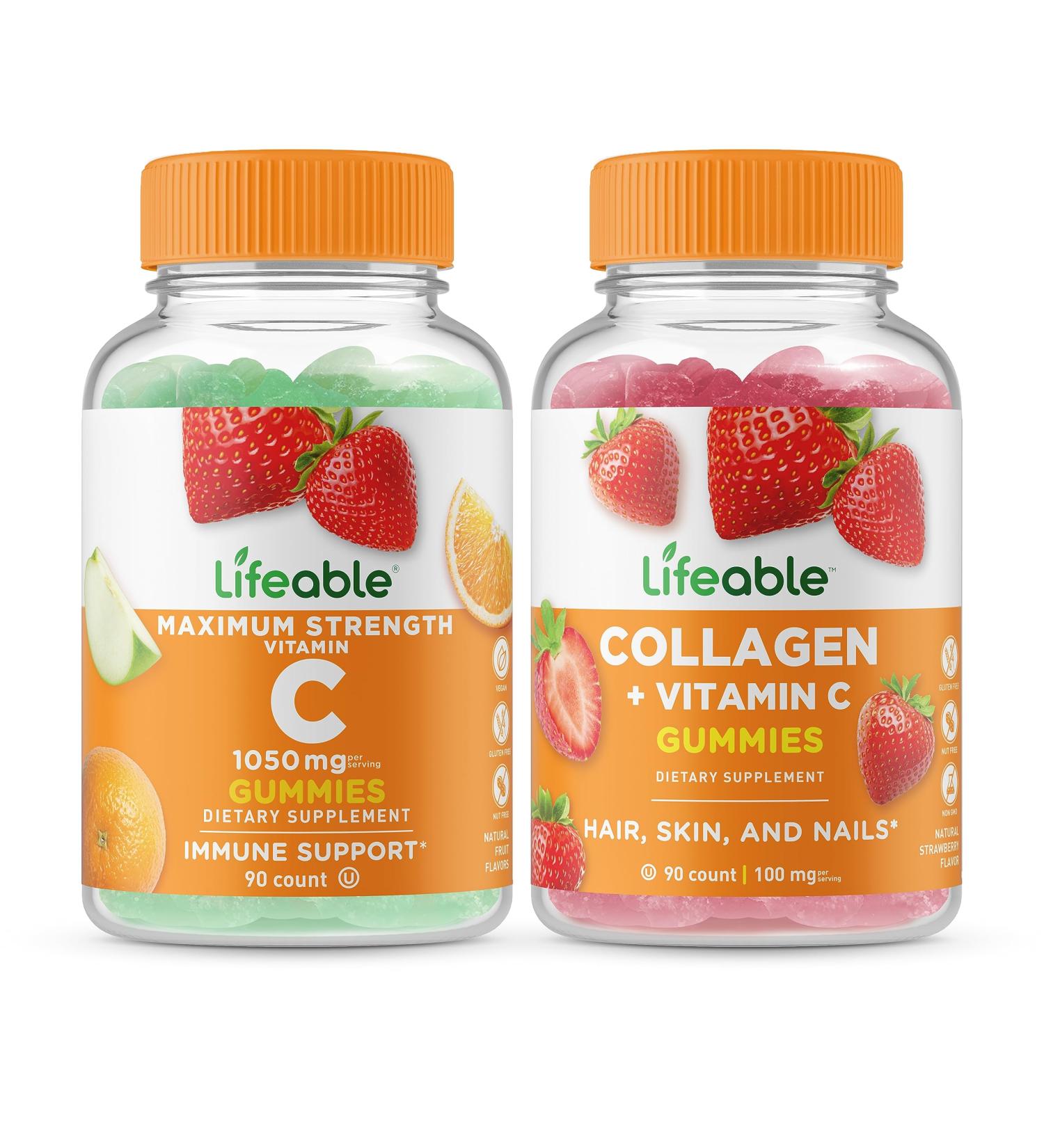 Lifeable Vitamin C 1050mg + Collagen & Vitamin C Gummies Bundle - Great Tasting Vitamin Supplement Gluten Free GMO Free Chewable Gummy