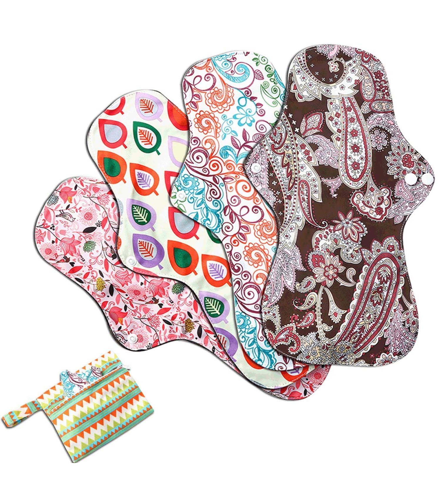 Asenappy 4 PCs Cloth Sanitary Pads Reusable X Large Cloth Menstrual Pads for Heavy Flow Night Use + Wet Bag Multicolor B - Buy Online on GoSupps.com
