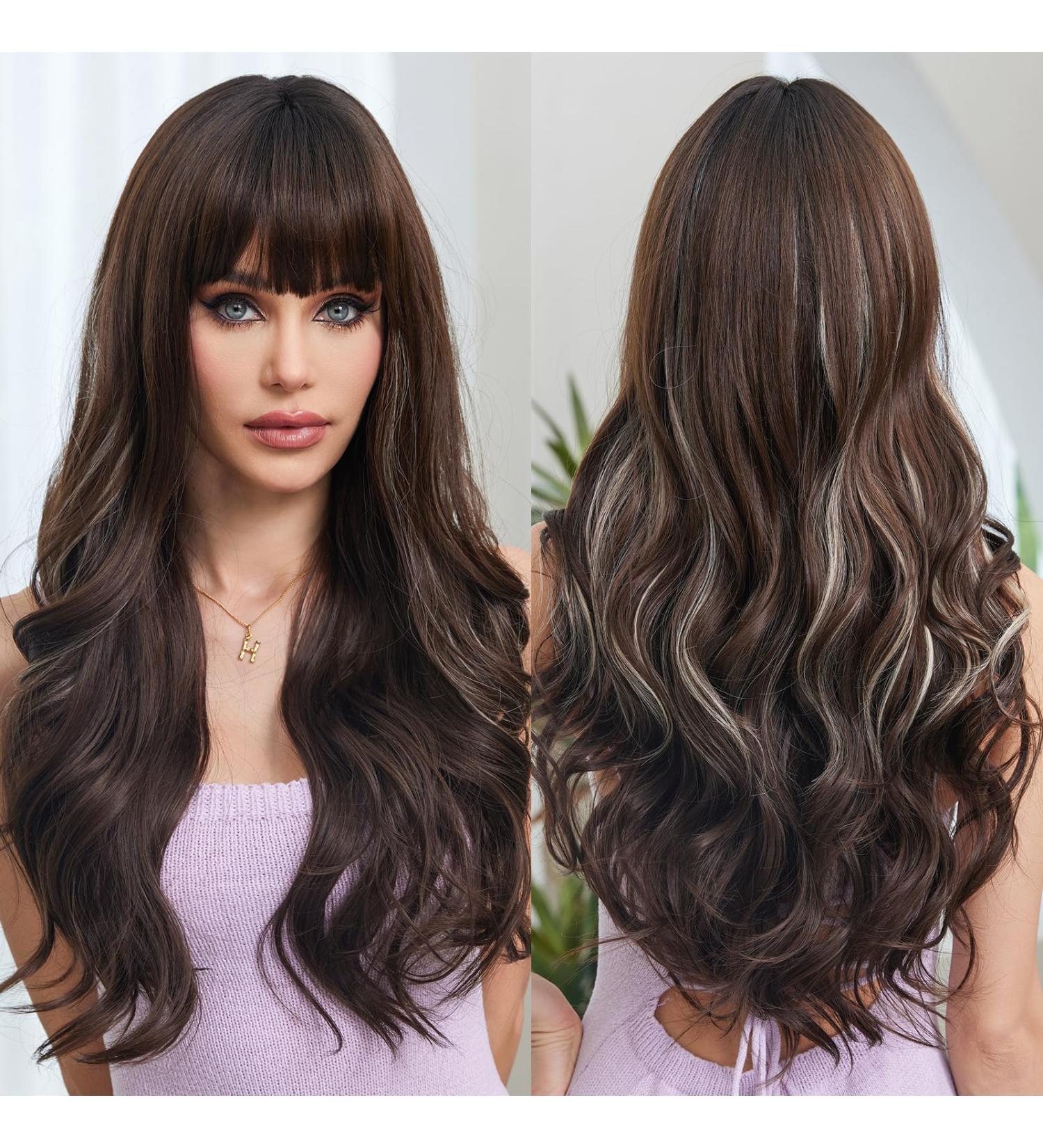 Emmor Dark Brown Wigs for Women Long Curly Synthetic Wigs with Pony Highlights | Heat-Resistant Naturally Looking Hair - Buy Online on GoSupps.com