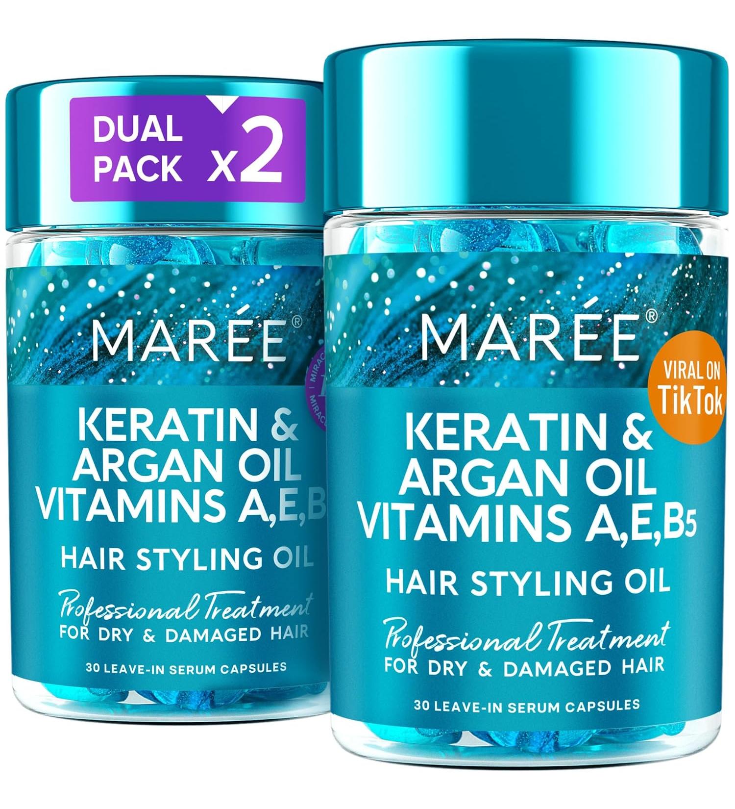 MAREE Hair Serum for Frizzy & Damaged Hair - 2 Pack Keratin & Moisturizing Oil Capsules with Avocado Jojoba & Argan Oil - Leave-in Anti-Frizz Treatment with Vitamins A E & B5 - 6.4 Fl Oz - Buy Online on GoSupps.com