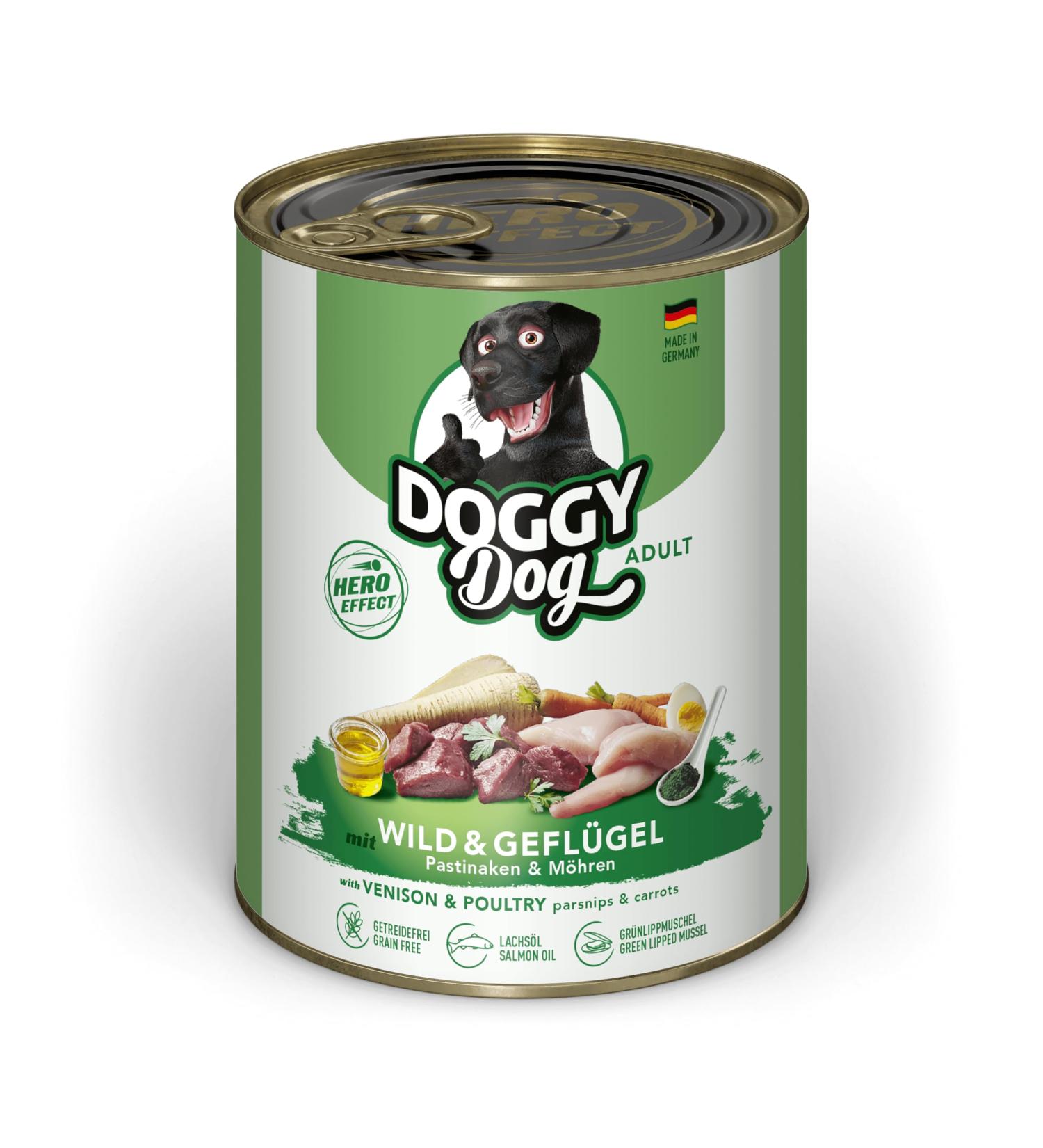 DOGGY Dog Pat Wild & Volaille - 6 x 800 g - Wet Dog Food - Grain Free - with Salmon Oil and Mussels - Buy Online on GoSupps.com
