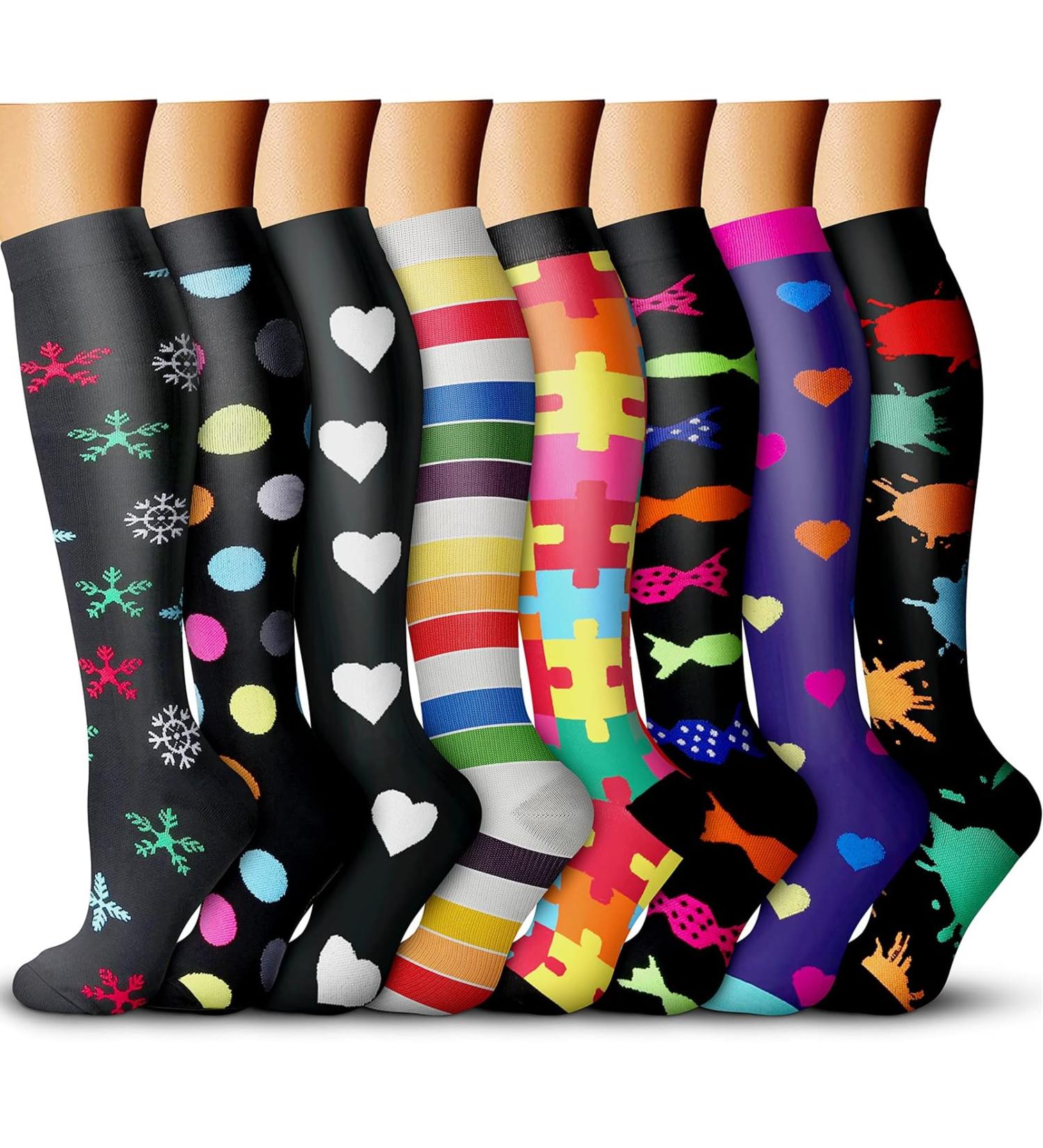 Aidexnba Compression Socks for Women & Men (8 pairs)- Best Support for Medical Nurses Running Hiking Recovery cycling 004 Black/Black/Multi/Navy/Black/Black/Black/Red Large-X-Large - Buy Online on GoSupps.com