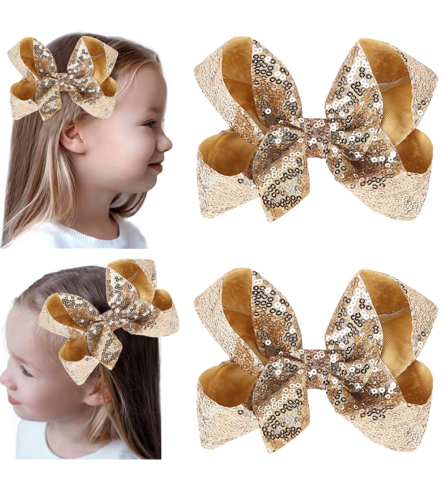 2 PCS Gold Sequins Large Bow Alligator Hair Clips - Women, Teens, Girls, Kids Barrettes Accessories 6 Inches - Buy Online on GoSupps.com