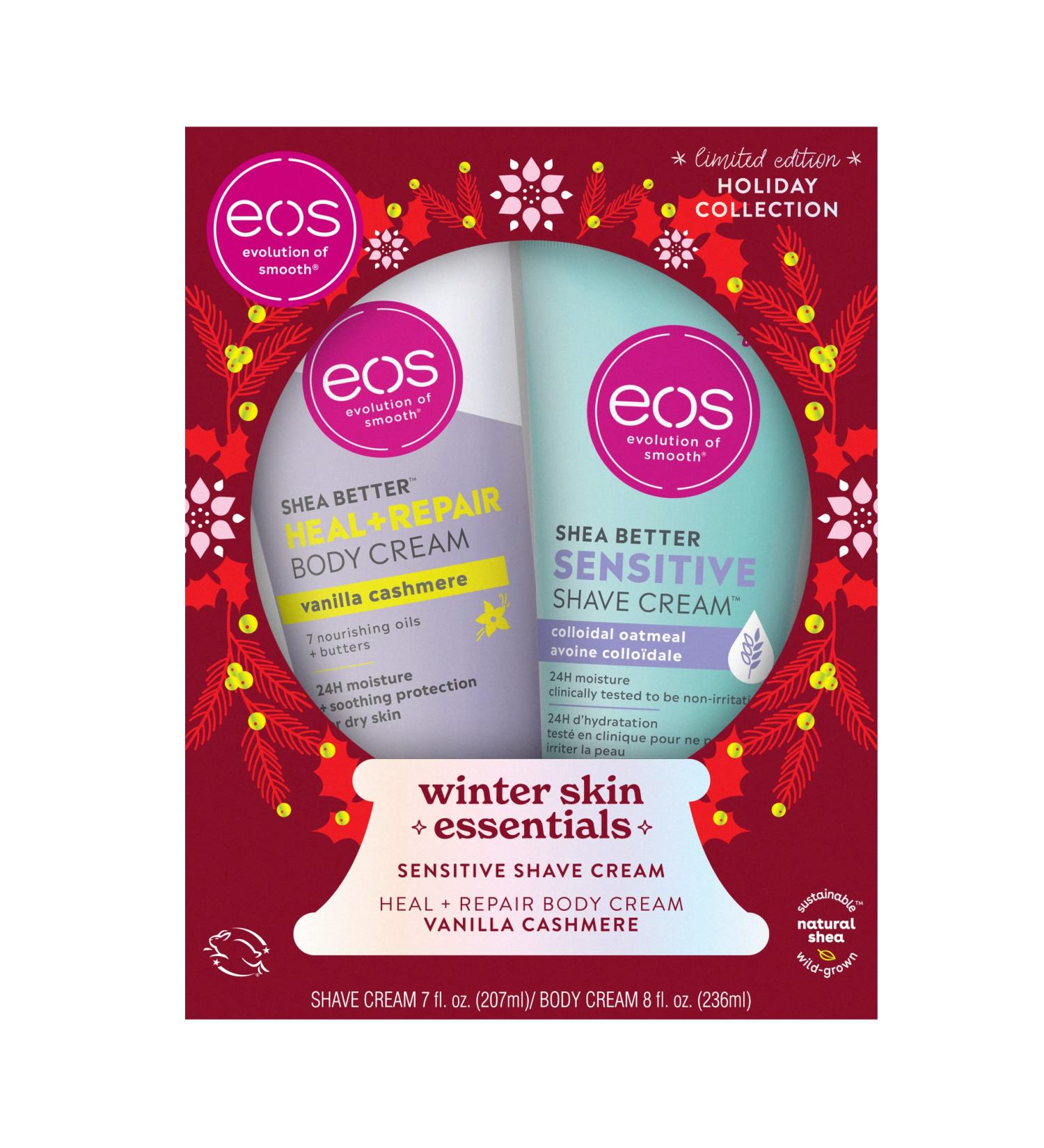 eos Limited Edition Holiday Body Collection Winter Skin Essentials Gift Set Sensitive Shave Cream & Vanilla Cashmere Body Cream 24-Hour Hydration 2-Pack - Buy Online on GoSupps.com