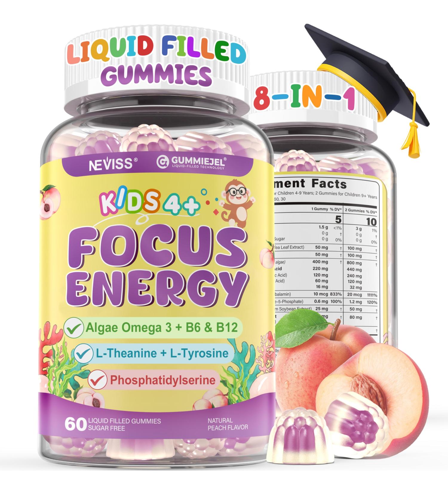 Kids Focus Gummies - Brain Supplements with Vegan Omega 3 DHA Phosphatidylserine L-Theanine L-Tyrosine Methylated B6 & B12 for Kids & Teen Support Attention Memory Nootropic Sugar Free 60cts - Buy Online on GoSupps.com