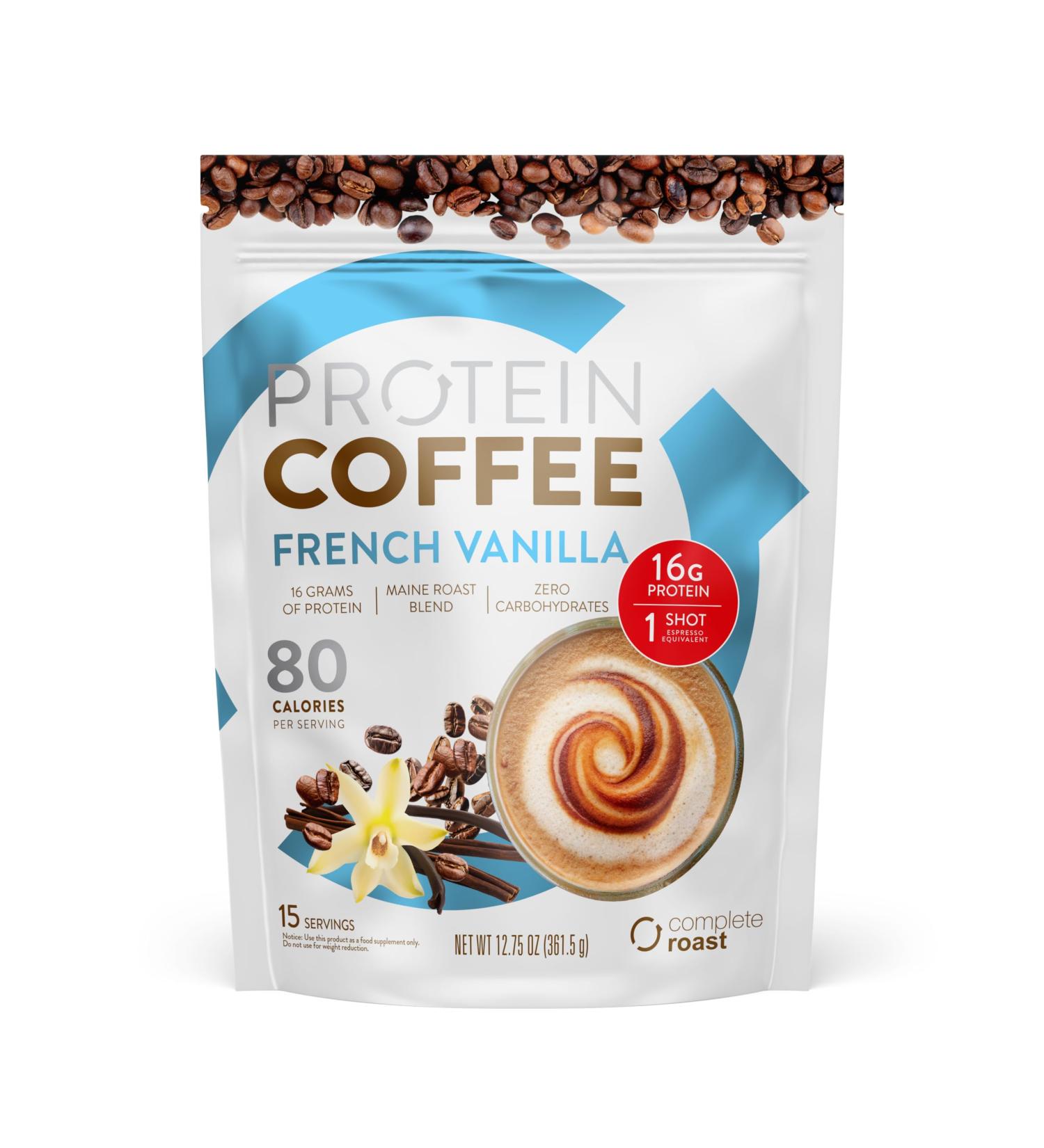Complete Nutrition High Protein Complete Roast French Vanilla Coffee 16 g of Quality Protein 0 g Carbs Zero Sugar 1 Shots of Espresso Keto Friendly All Natural 15 Servings 12.7 Oz