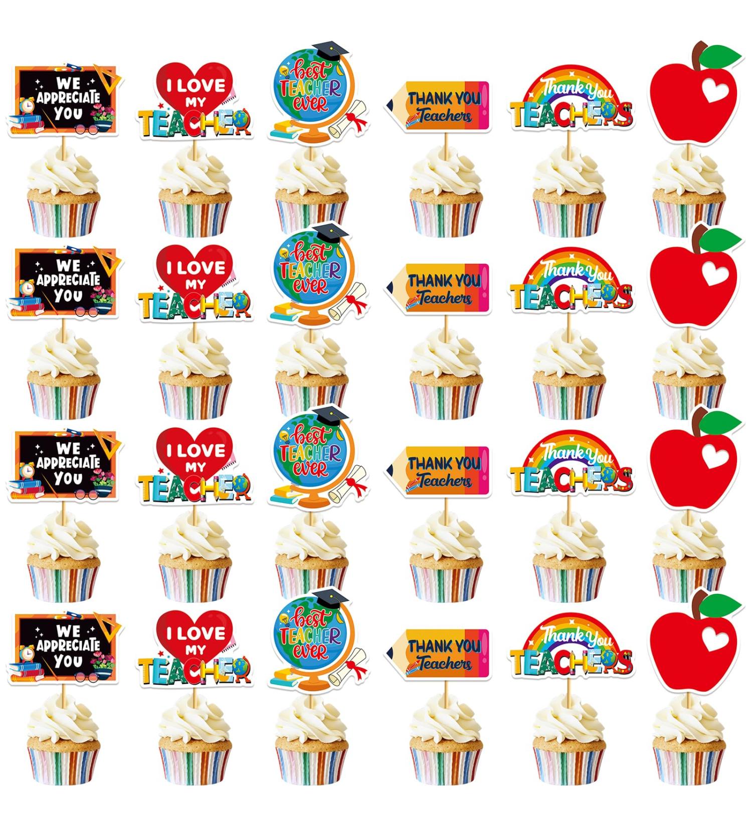 24Pcs Thank You Teacher Cupcake Toppers Thank You Cupcake Toppers Teacher Appreciation Decorations for Teachers Day Party Decorations - Buy Online on GoSupps.com