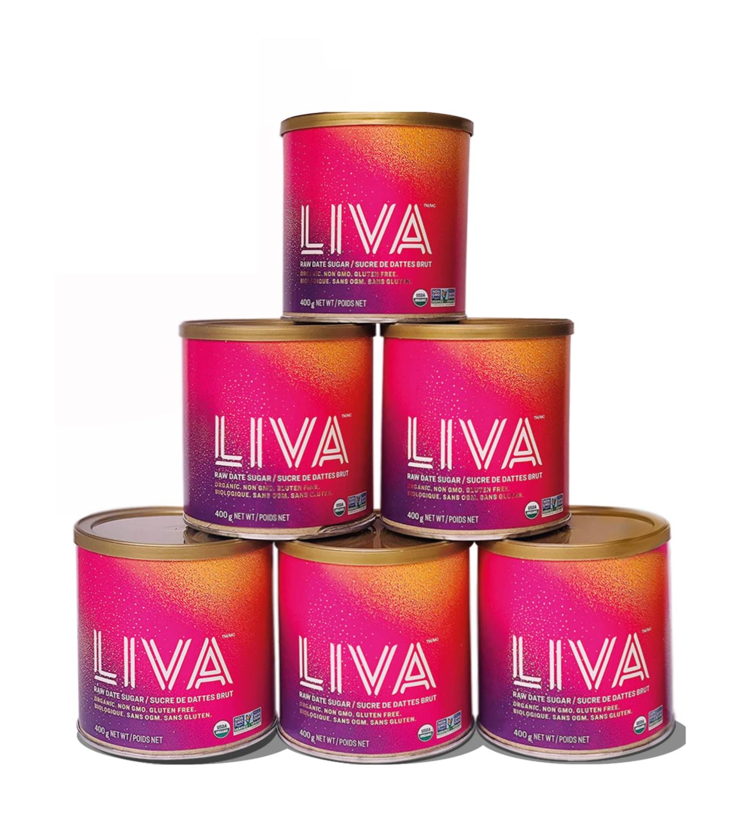 LIVA Certified Organic Raw Date Sugar | 100% Pure and Naturally Milled | ECOCERT Canada | Non-GMO Project Verified | Kosher | Single Ingredient | Ethically Sourced | Gluten Free | Plant-Based | 400g x 6 Canisters - Buy Online on GoSupps.com