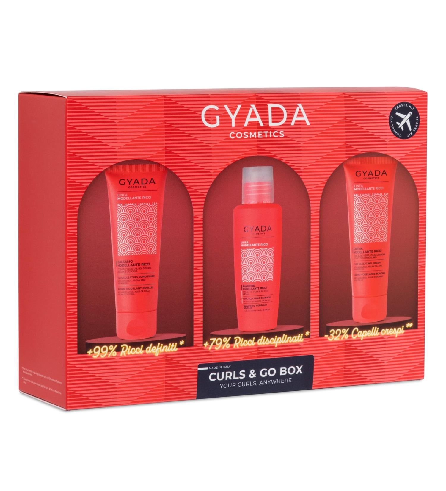 GYADA COSMETICS GYADA COSMETICS CURLS & GO BOX Set composed of shampoo conditioner and curl shaping cream elastic and detangling with Aloe Vera argan oil flaxseed coconut and jojoba 100 ml + 75 ml + 75 ml