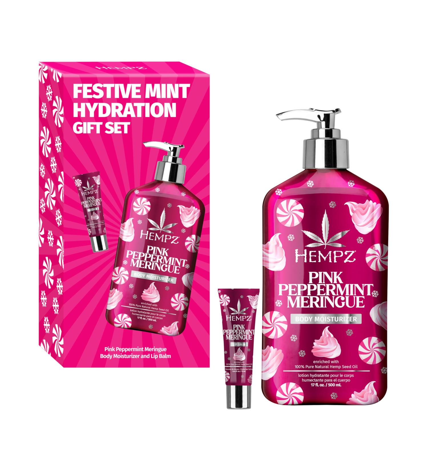 Hempz Festive Mint Hydration Pink Peppermint Meringue Gift Set Body Loton and Lip Balm Duo Limited Edition 17 oz and .44 oz - Buy Online on GoSupps.com