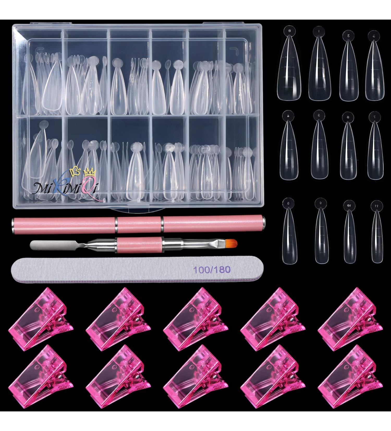 MIKIMIQI Dual Nail Forms Set - Poly Gel Kit with 120 Stiletto Nail Molds, 10 Pink Acrylic Nail Tips Clips, Dual-Ended Gel Brush, Nail File for Polygel Extension - Buy Online on GoSupps.com