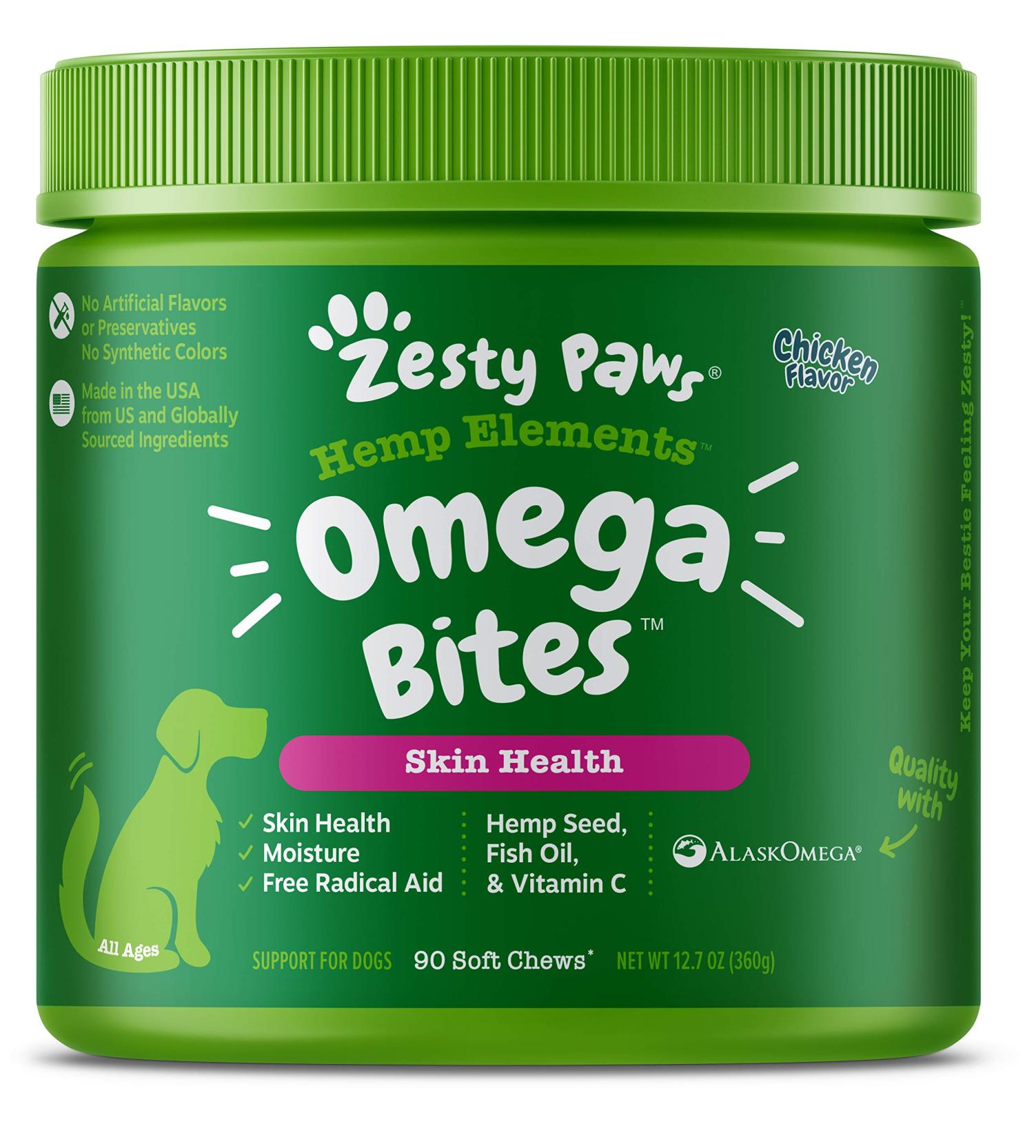 Zesty Paws Hemp Elements Omega Bites for Dogs - Chicken Flavor | 90 Soft Chews - Buy Online on GoSupps.com