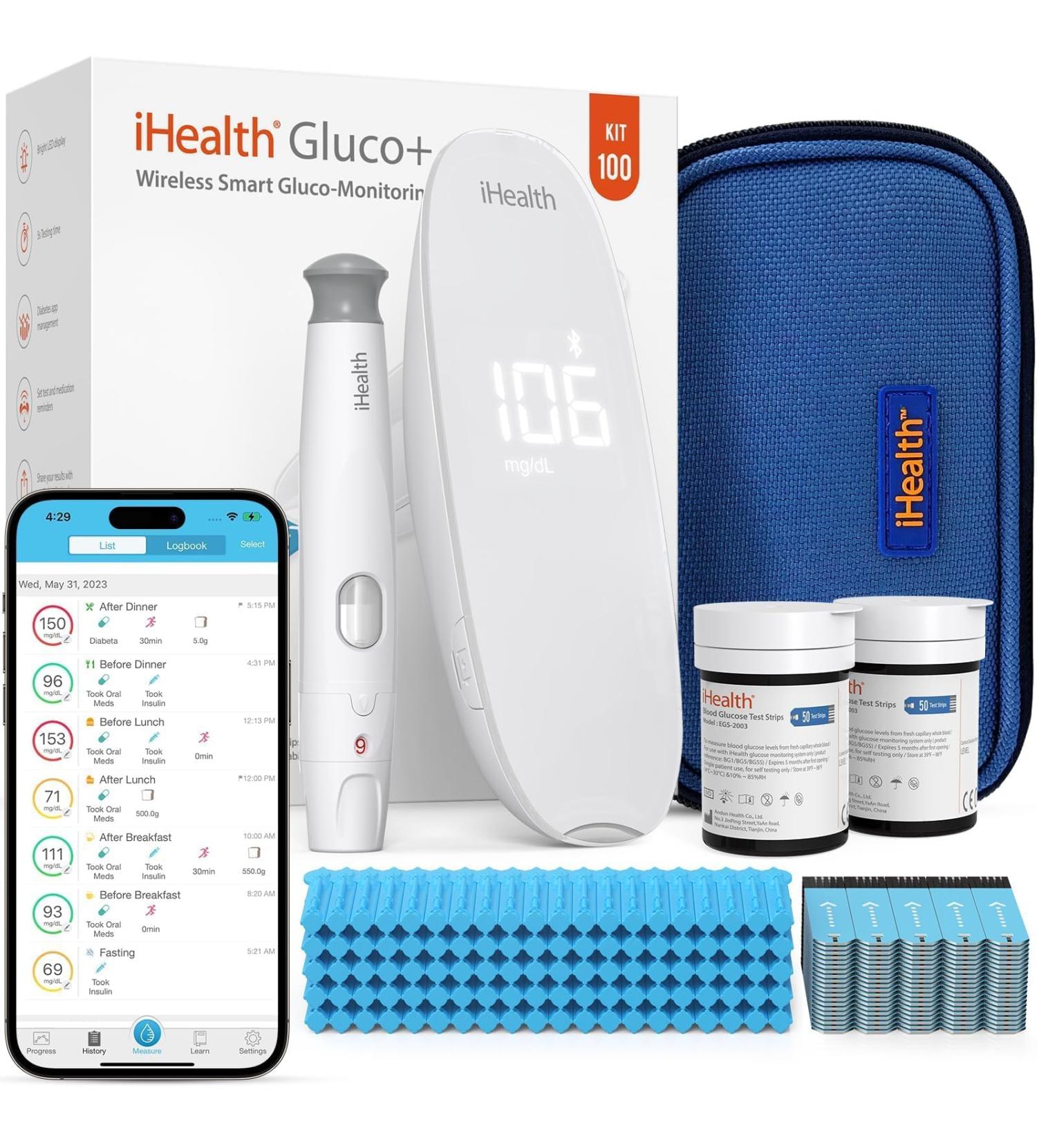 iHealth Gluco+ Wireless Smart Blood Glucose Monitor Kit | Portable Diabetes Testing with App 100 Strips & Lancets | Home Use BG5S100 - Buy Online on GoSupps.com