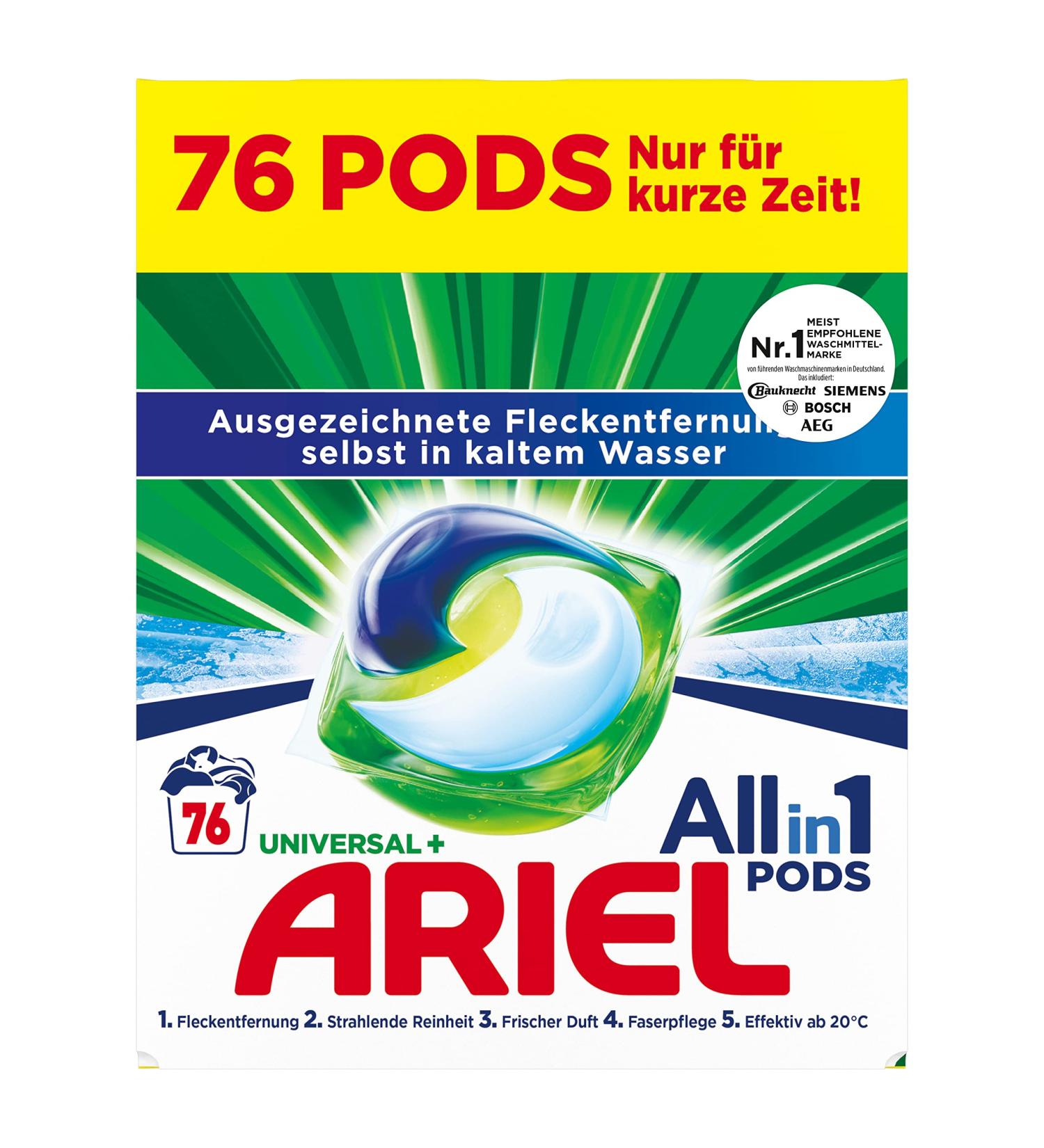 Ariel detergent all-in-1 pods universal 76 pods-76 washloads excellent stain removal even in cold water fresh fragrance fresh fragrance 76 pieces (1 Pack)