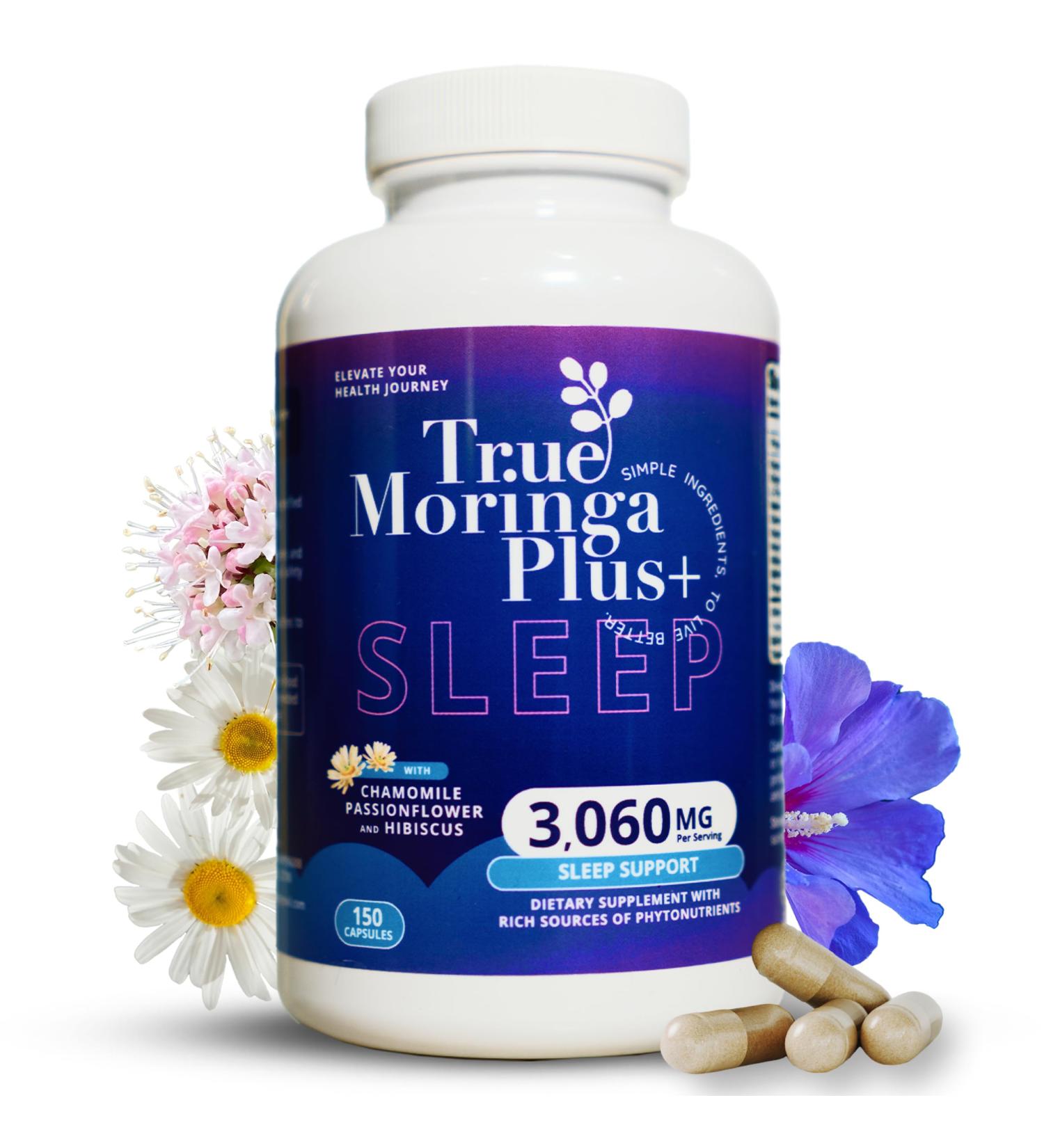 True Moringa Plus+ Sleep Support Supplement 10:1 Extract | 20 000mg of Organic Moringa Chamomile Passion Flower Valerian Root Hibiscus for Relaxation | Natural Sleep Aid for Adults (150 Capsules) - Buy Online on GoSupps.com