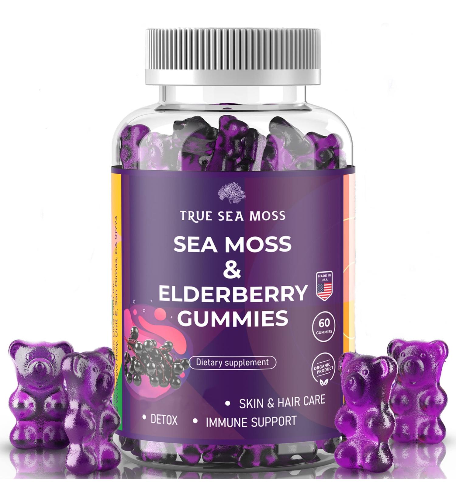 Organic Sea Moss Gummies with Elderberry  Contains Irish Sea Moss  Elderberry Extract  Burdock Root  Bladderwrack  60 pcs Seamoss Gel Gummies for Thyroid  Immune Support  Energy  Pack of 1 Moss 60 Count (Pack of 1)