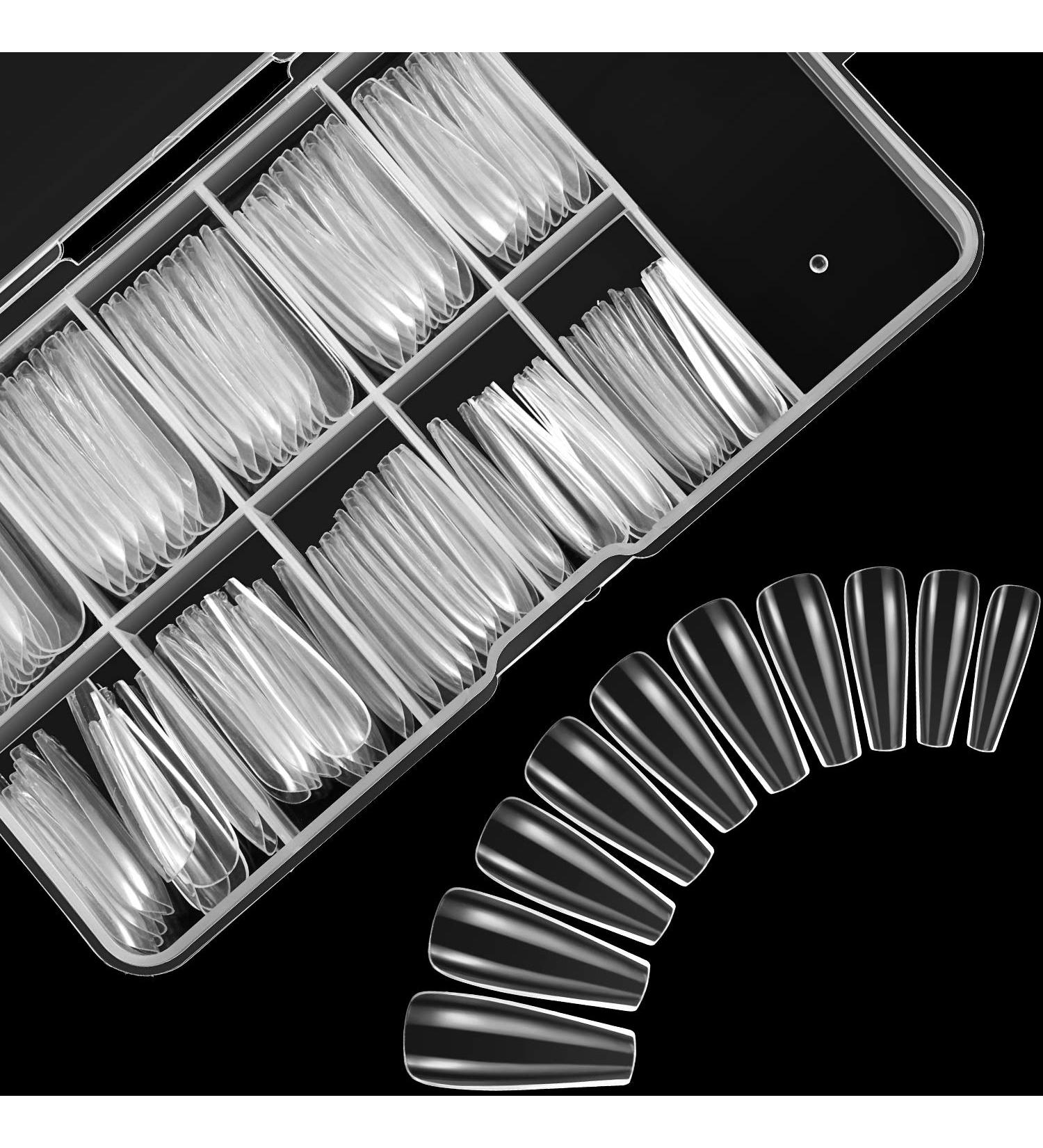 Ballerina Nails Long False Nails Coffin Fake Nails Full Cover Length 100 Pieces Artificial Fingernails Tip with Case for Nail Salons and DIY Nail Art 10 Sizes (Clear) Assorted Color - Buy Online on GoSupps.com