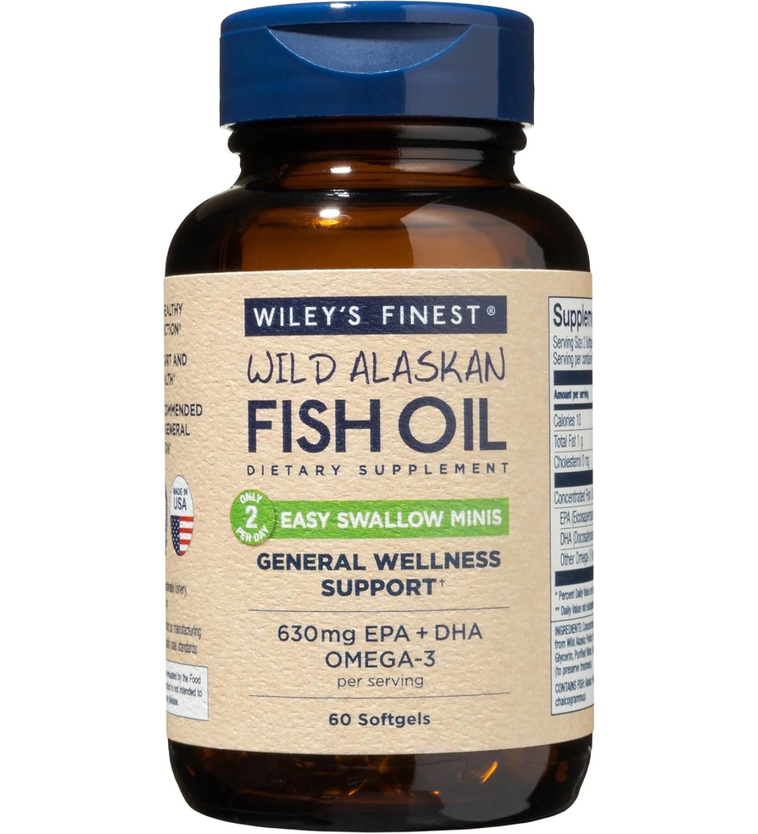 Wiley's Finest Wild Alaskan Fish Oil - Easy Swallow Minis 630 mg, 60 Softgels | Pure Omega-3 - Buy Online on GoSupps.com