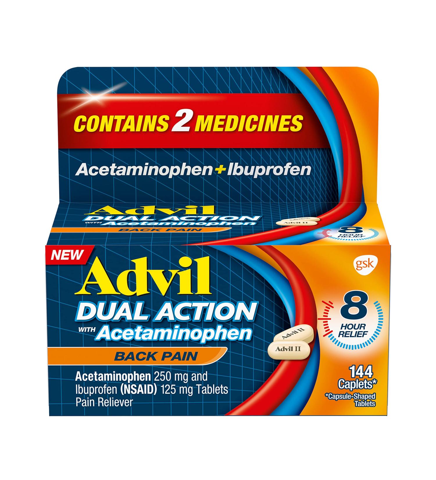 Advil Dual Action Back Pain Caplets - 144 Count for 8 Hours Relief - Buy Online on GoSupps.com