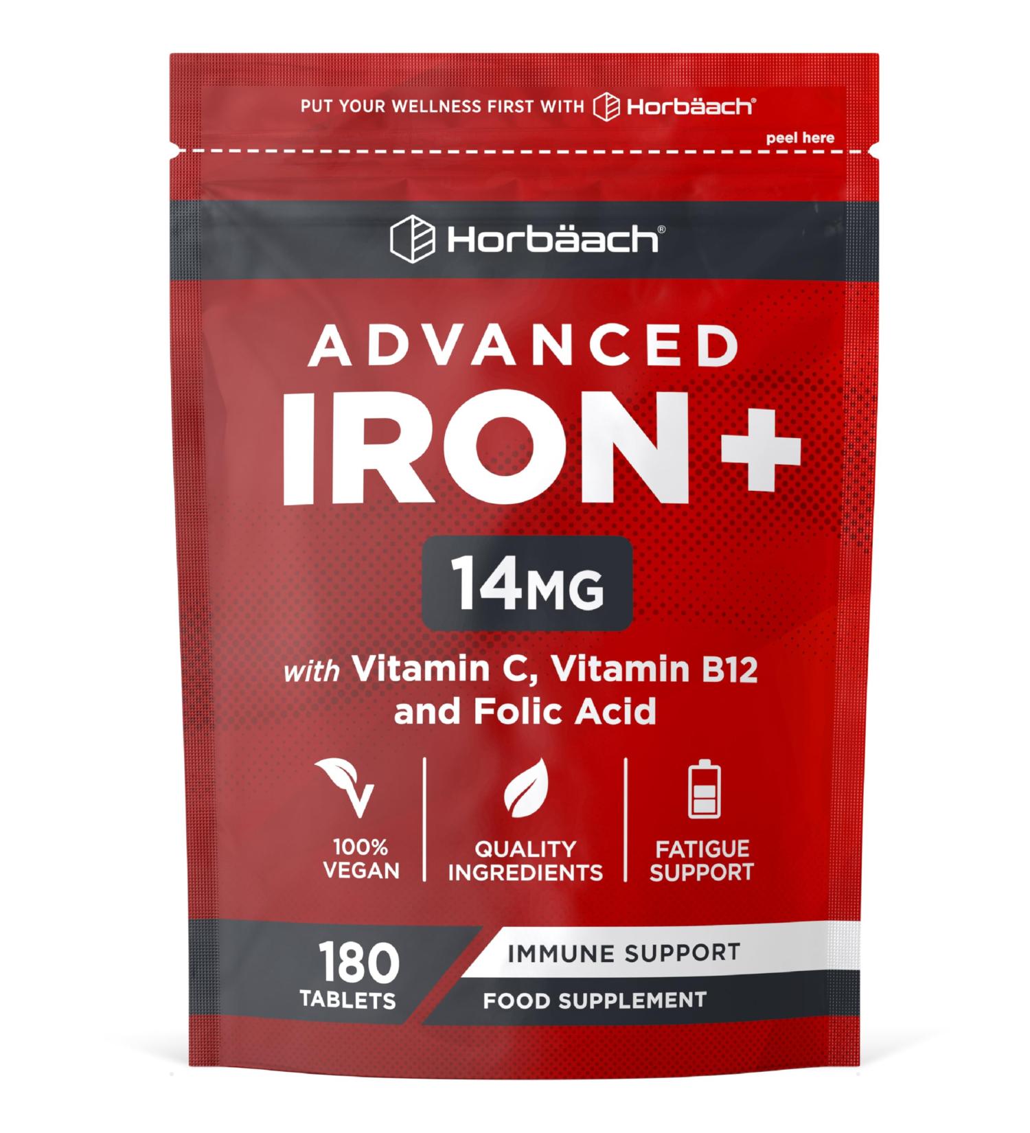 Iron Tablets High Strength | Iron Complex with Vitamin C Folic Acid & Vitamin B12 | Supplement for Men & Women | 180 Vegan Tablets | by Horbaach - Buy Online on GoSupps.com