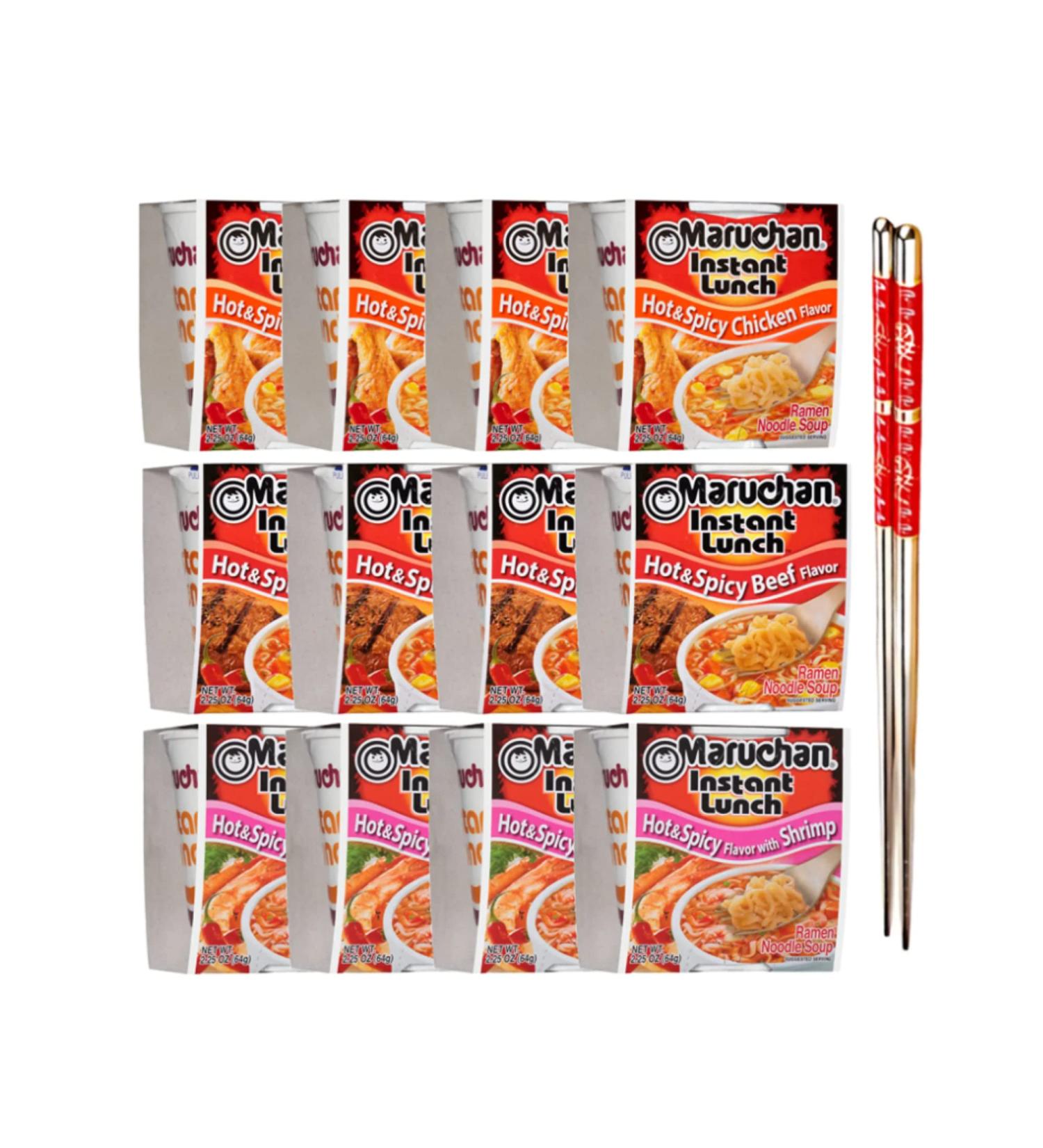 Ja Cor Instant Lunch Ramen Noodle Soup Hot and Spicy Cup Noodles 3 Flavors: Chicken Beef Shrimp 2.25 oz Pack Bundle with 1-Set of Reusable Stainless Steel Chopsticks(4 Each Flavor 12 Packs) - Buy Online on GoSupps.com