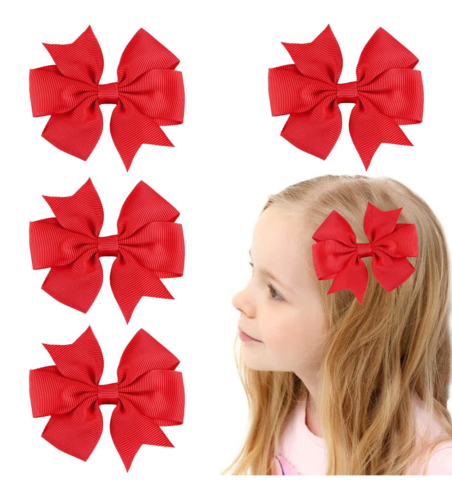 4PCS Red Ribbon Hair Bows Clips - 3.2inch Grosgrain Alligator Hair Clips for Women Girls Cheerleading - Buy Online on GoSupps.com