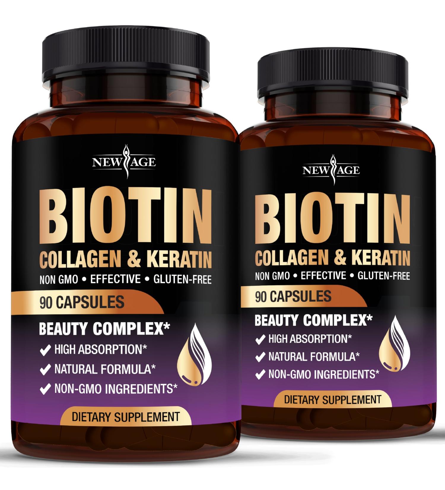 NEW AGE Biotin Collagen Keratin Hyaluronic Acid - 50 000mcg Hair Growth Vitamins for Men and Women Nails Hair Skin Vitamins and DHT Blocker with Vitamin E Folic Acid Pumpkin Seed MSM- 180 Count 180 Capsules (Pack of 2) - Buy Online on GoSupps.com