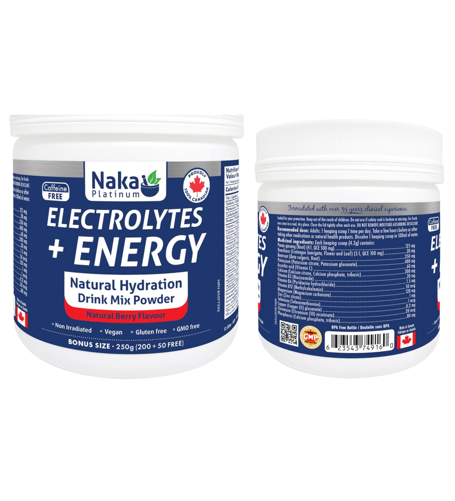 Naka Electrolytes + Energy Natural Hydration Drink Mix powder Berry Flavour Caffeine Free Botanical Boost with Beetroot Hawthorn Berry and Ginseng Made in Canada (200+50g FREE Powder) 250 g (Pack of 1) - Buy Online on GoSupps.com