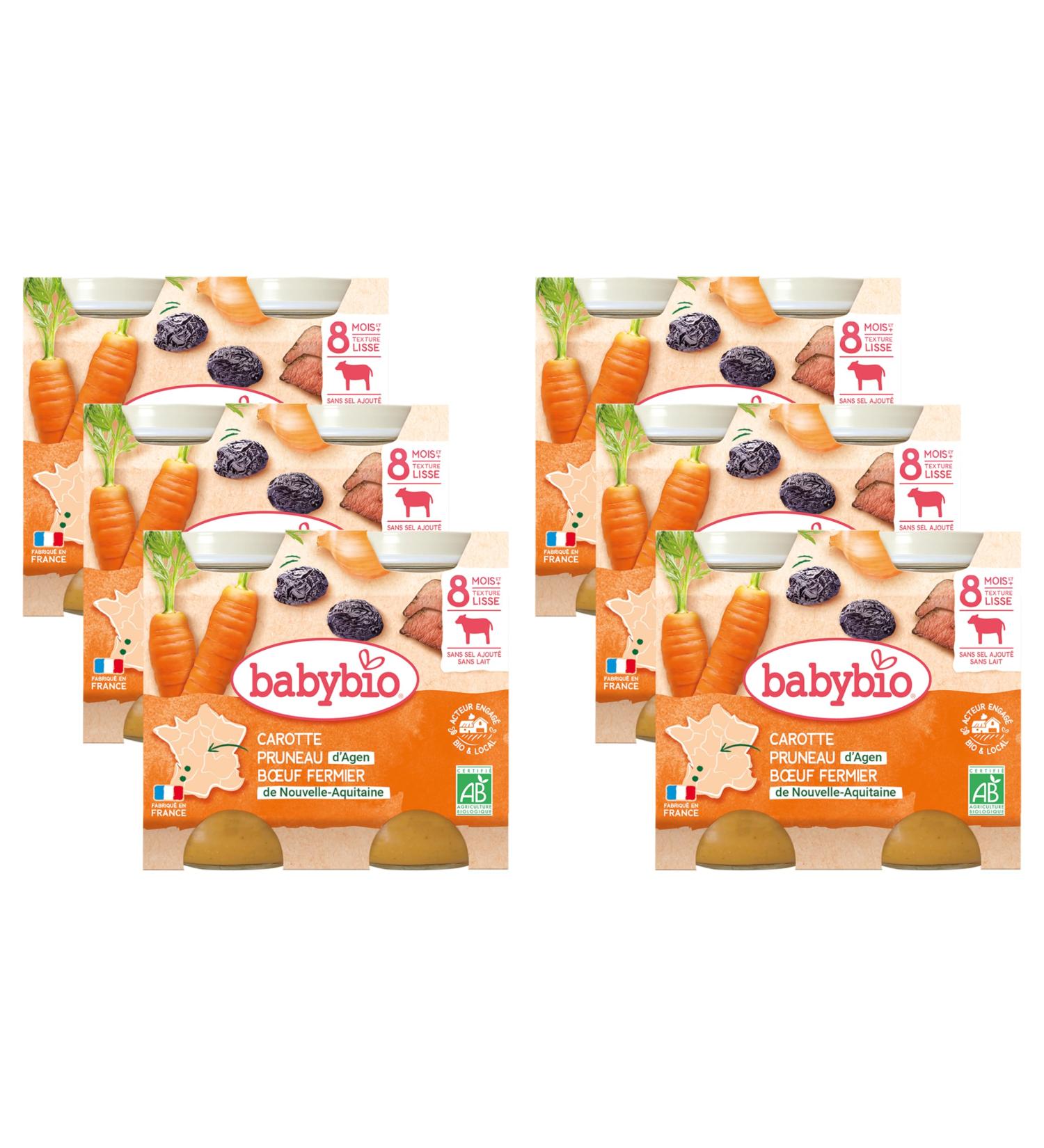 Babybio Carrot Pots Prune Beef Farmer Aquitaine/Limousin 2 x 200 g - Pack of 6 - Organic