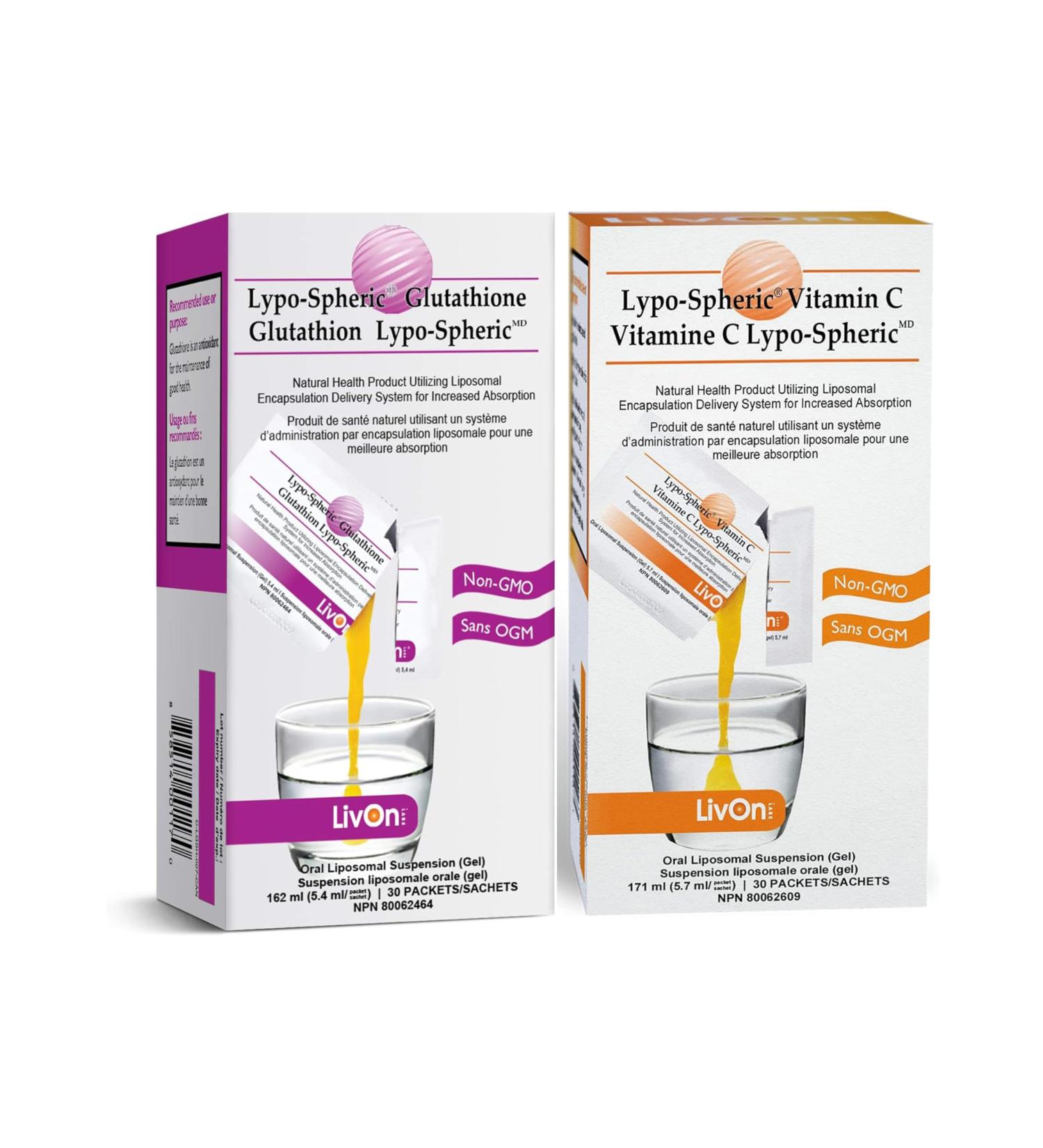 Combo Pack of 2-1 Pack (Lypo-Spheric Glutathione - 30 Packets) & 1 Pack (Lypo Spheric Vitamin C 1 Carton 30 Packets) - Buy Online on GoSupps.com