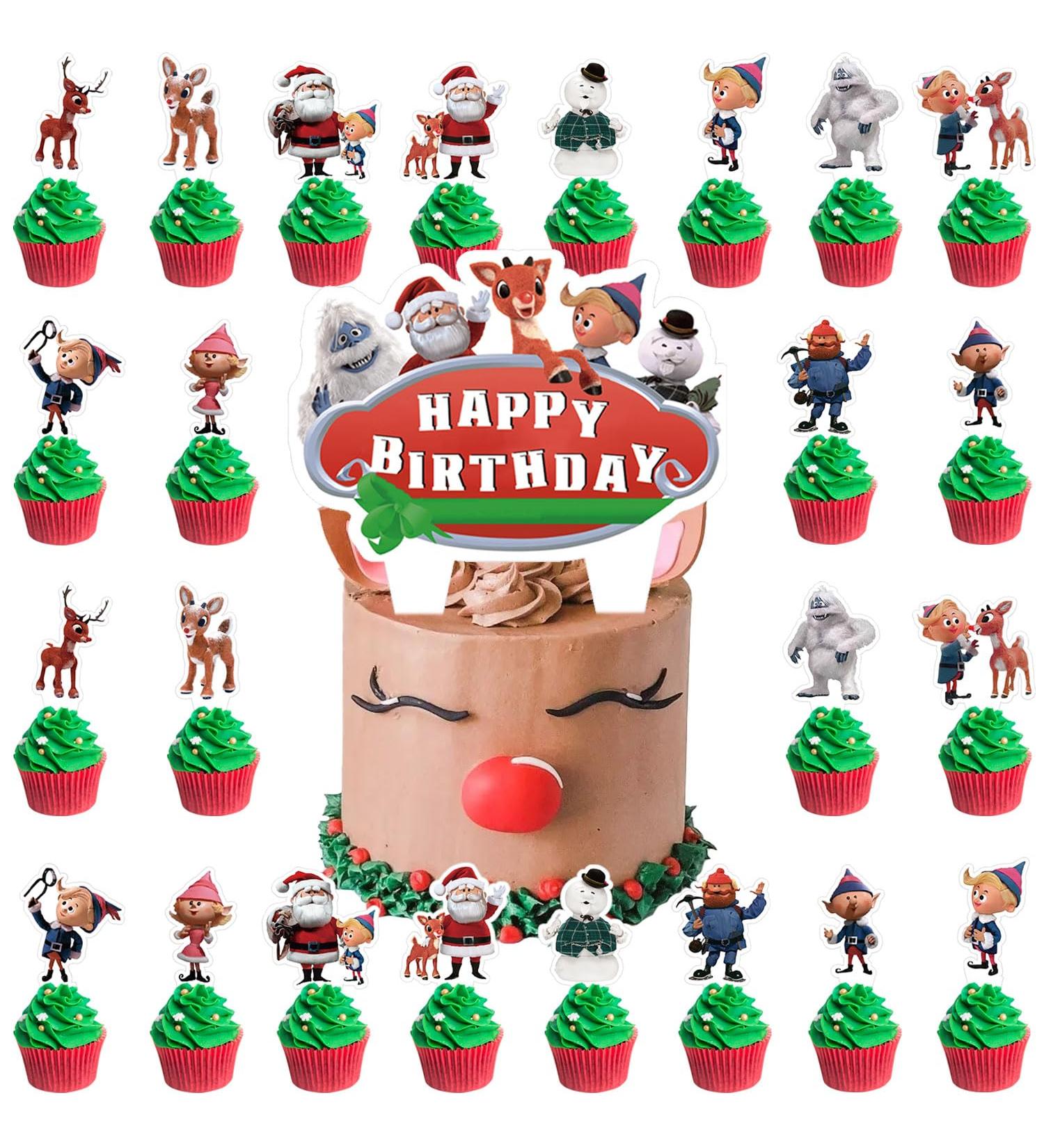 Rudolph the Red Nosed Reindeer Birthday Party Cake Topper 37Pcs Christmas Song-themed Birthday Party Supplies Cupcake Decorations for Kids - Buy Online on GoSupps.com