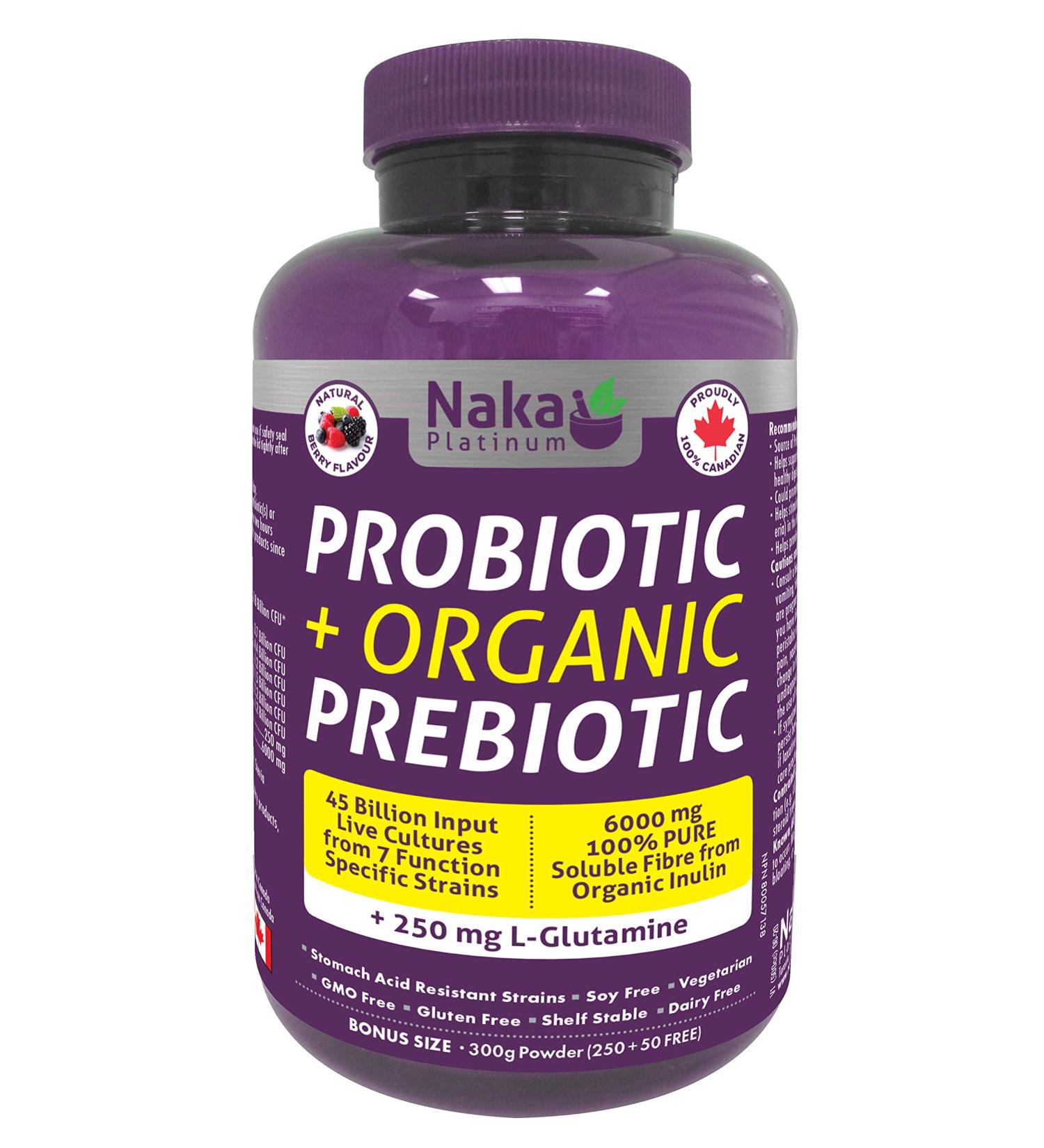 Naka Platinum Probiotic + Organic Prebiotic 45 Billion Input Live Cultures from 7 function specific strains 250 mg L-Glutamine 600 mg 100% Pure Soluble Fibre from Organic Inulin Bonus Size 300 mg Powder (250+50 Free) - Buy Online on GoSupps.com