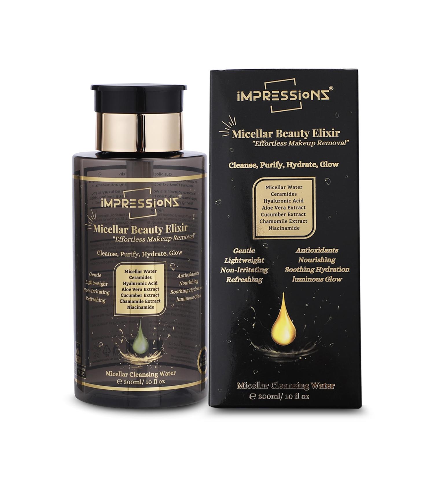ImpressionZ Micellar Water Effortless Quick face and Eye Makeup Remover - All Skin Types - Gentle Non-Sticky Non-Irritating Micellar Cleansing Water - Hydrating Makeup Remover Fragrance Free - Buy Online on GoSupps.com