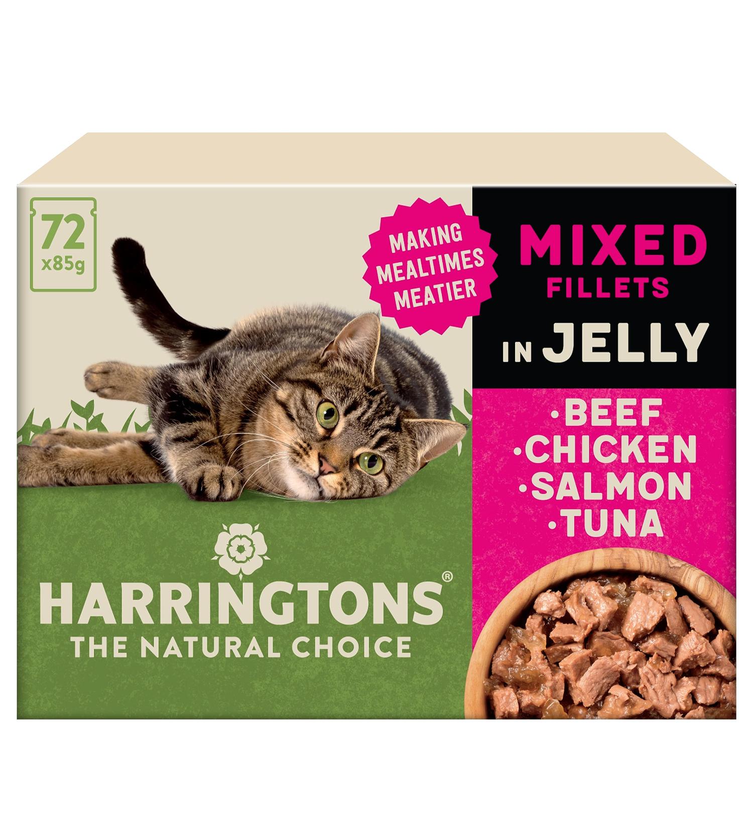 Harringtons Complete Wet Pouch Grain Free Hypoallergenic Adult Cat Food Mixed in Jelly Pack 72x85g - Beef Chicken Salmon & Tuna- Making Mealtimes Meatier Harringtons Grain Free Mixed Selection in Jelly Wet Cat Food 72x85g Beef Chicken Salmon & Tuna - Buy Online on GoSupps.com