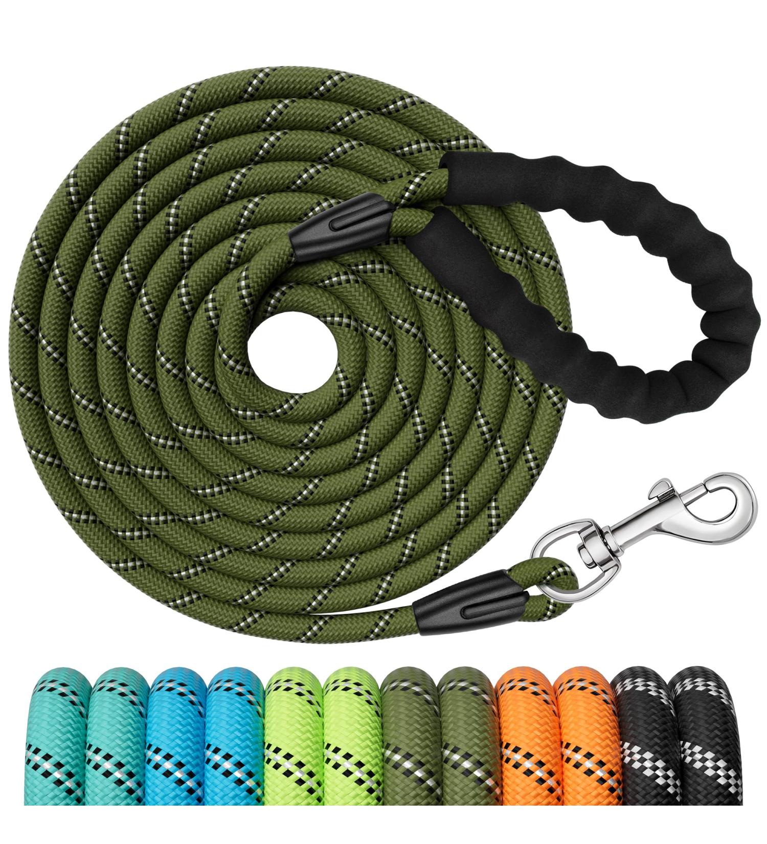 XBEN 10M Reflective Recall Training Lead for Large, Medium, Small Dogs - Strong Rope Leash with Padded Handle and Heavy Duty Hook - Olive - Buy Online on GoSupps.com