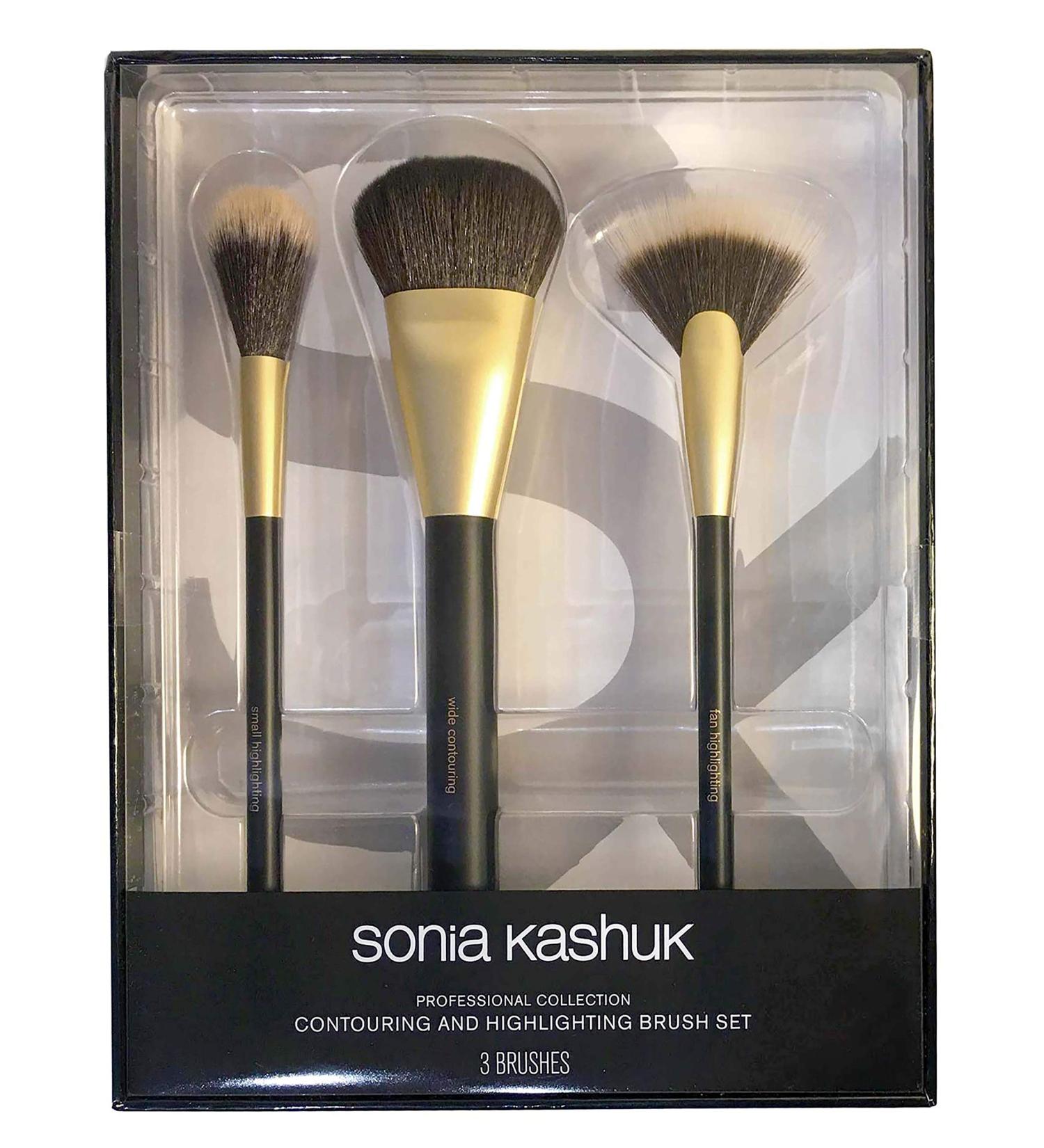 Sonia Kashuk Professional Collection Contouring and Highlighting Brush Set, 3 Brushes, Black Gold. Small Highlighting Brush - Wide Contouring Brush - Fan Highlighting Brush