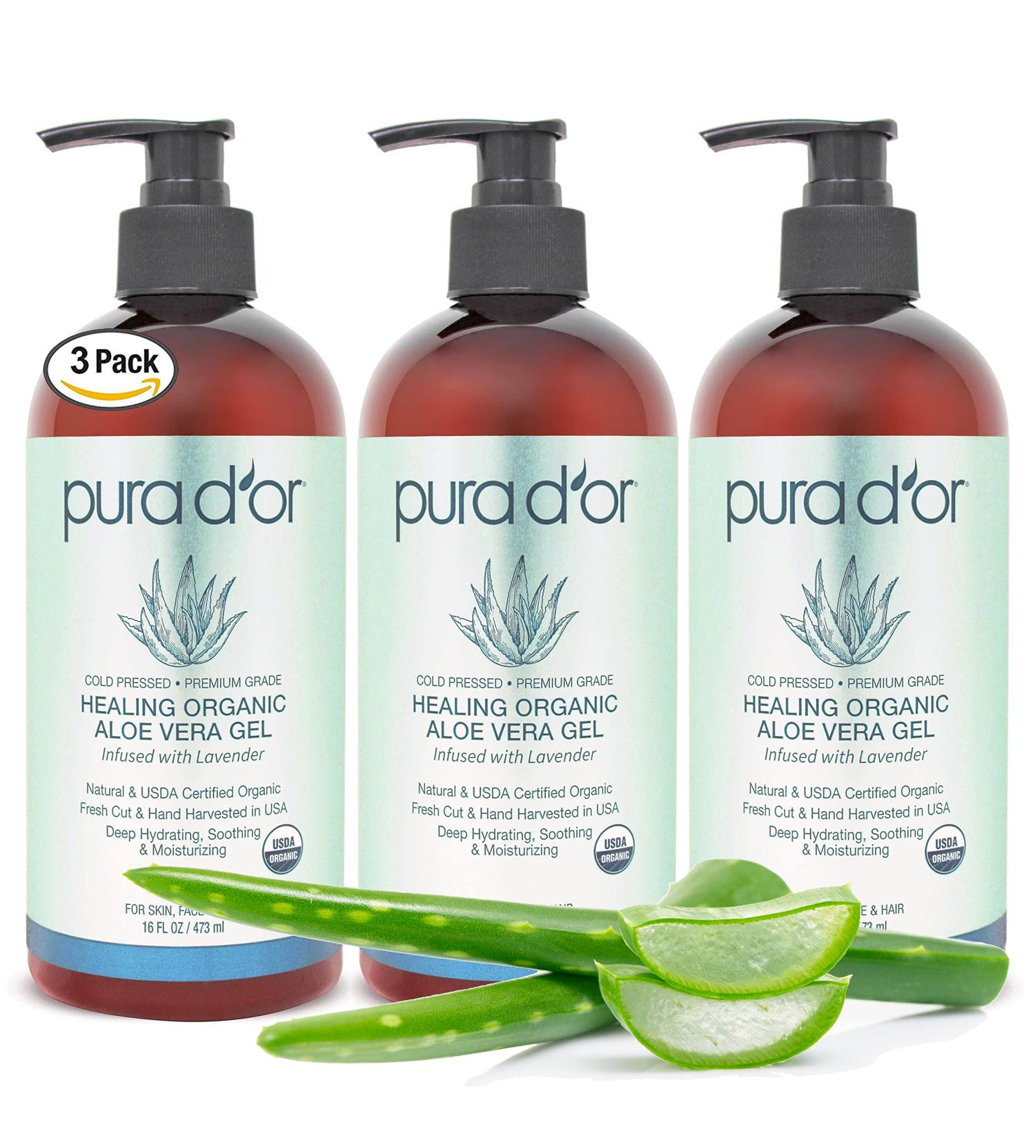 PURA D'OR Organic Aloe Vera Gel Lavender (16oz 3-PACK) - Natural Deep Hydration for Skin & Hair - Sunburn, Bug Bites, Eczema Relief - No Artificial Preservatives - Buy Online on GoSupps.com