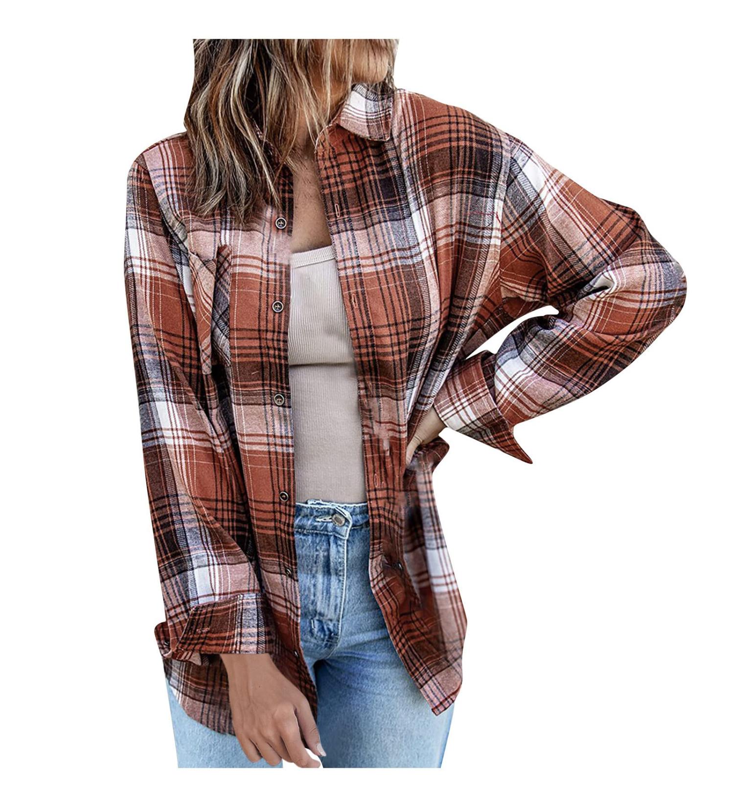 Routinfly Womens Autumn Color Block Plaid Jacket - Stylish Button Down Shirt Coat Top in L Orange | Fashion Casual Loose Fit - Buy Online on GoSupps.com